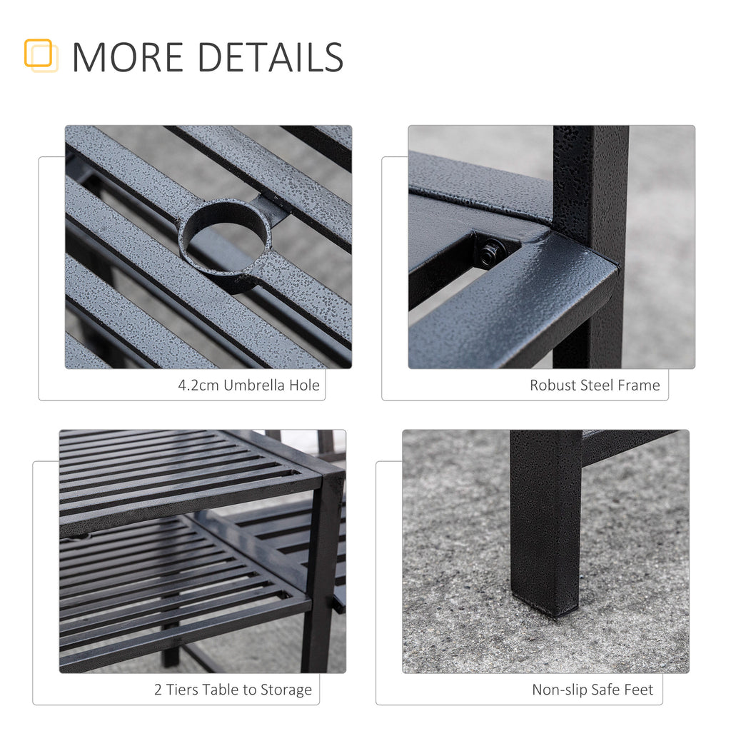 Steel Garden Bench w/ Middle Table, Umbrella Hole, Double Seat for Outdoor, Patio, Backyard  Weather-Resistant Frame, Black