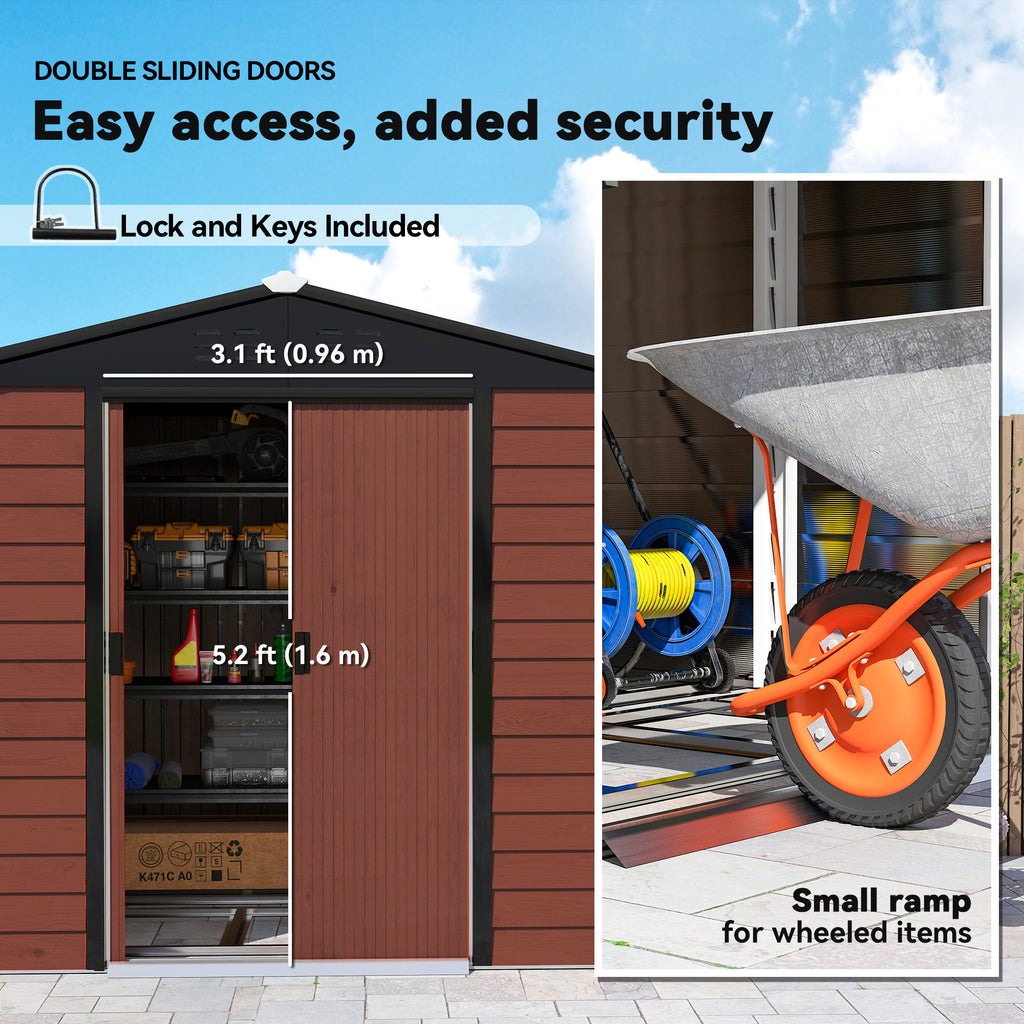 8' x 7' Outdoor Storage Shed, Galvanized Steel Metal Garden Shed with Lockable Doors, Floor Frame, Vents, Lock and Gloves for Backyard, Lawn, Patio, Teak