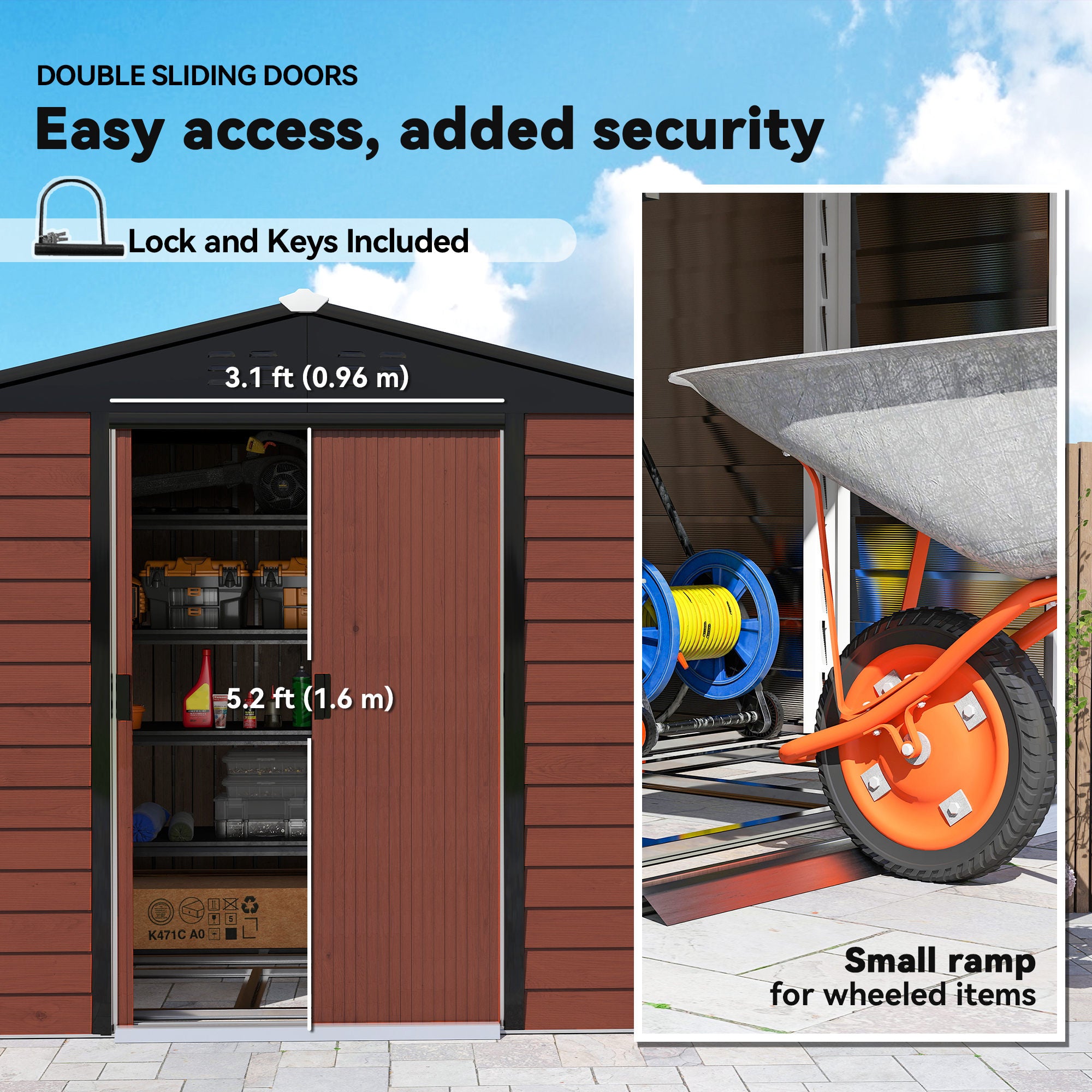 8' x 7' Outdoor Storage Shed, Galvanized Steel Metal Garden Shed with Lockable Doors, Floor Frame, Vents, Lock and Gloves for Backyard, Lawn, Patio, Teak