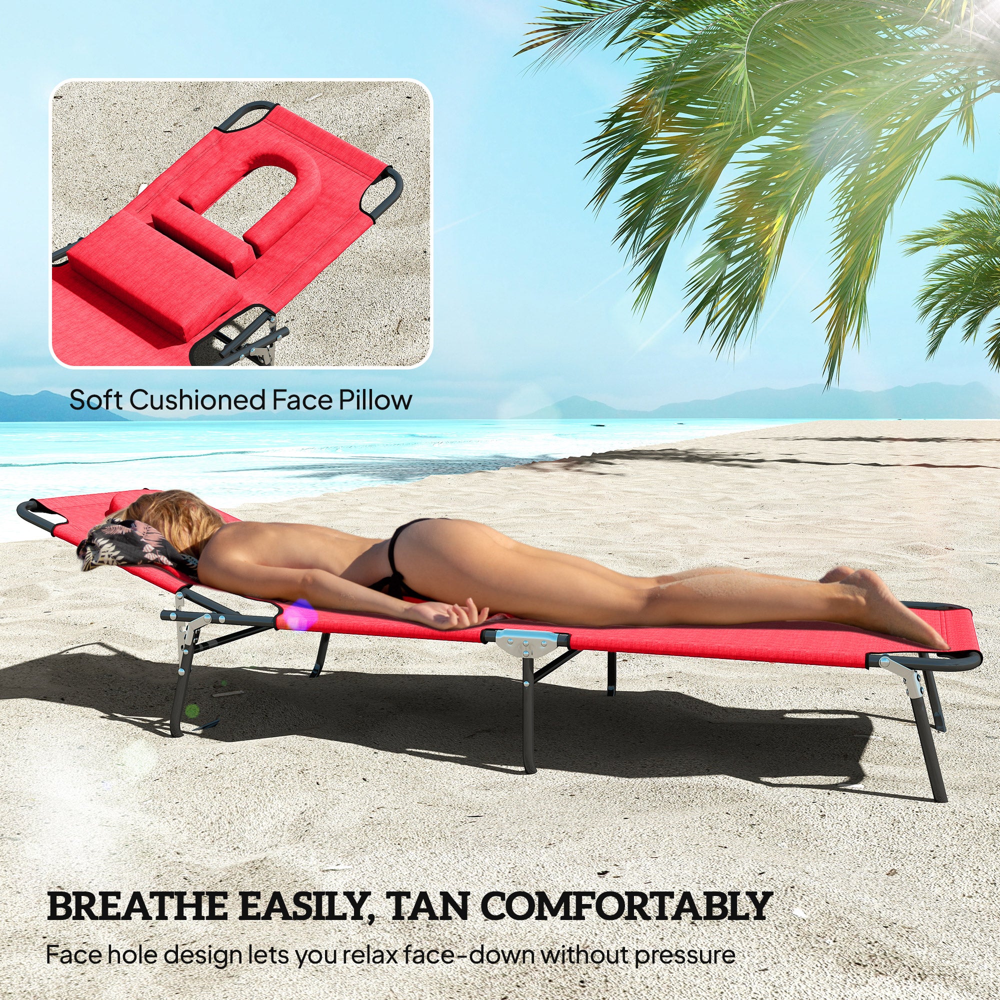 Folding Chaise Lounge Chair, Reclining Beach Tanning Chair with Face Hole, Pillow, 4-Position Adjustable Lay Flat Sun Lounger, Steel Frame for Outdoor Patio Pool, Red