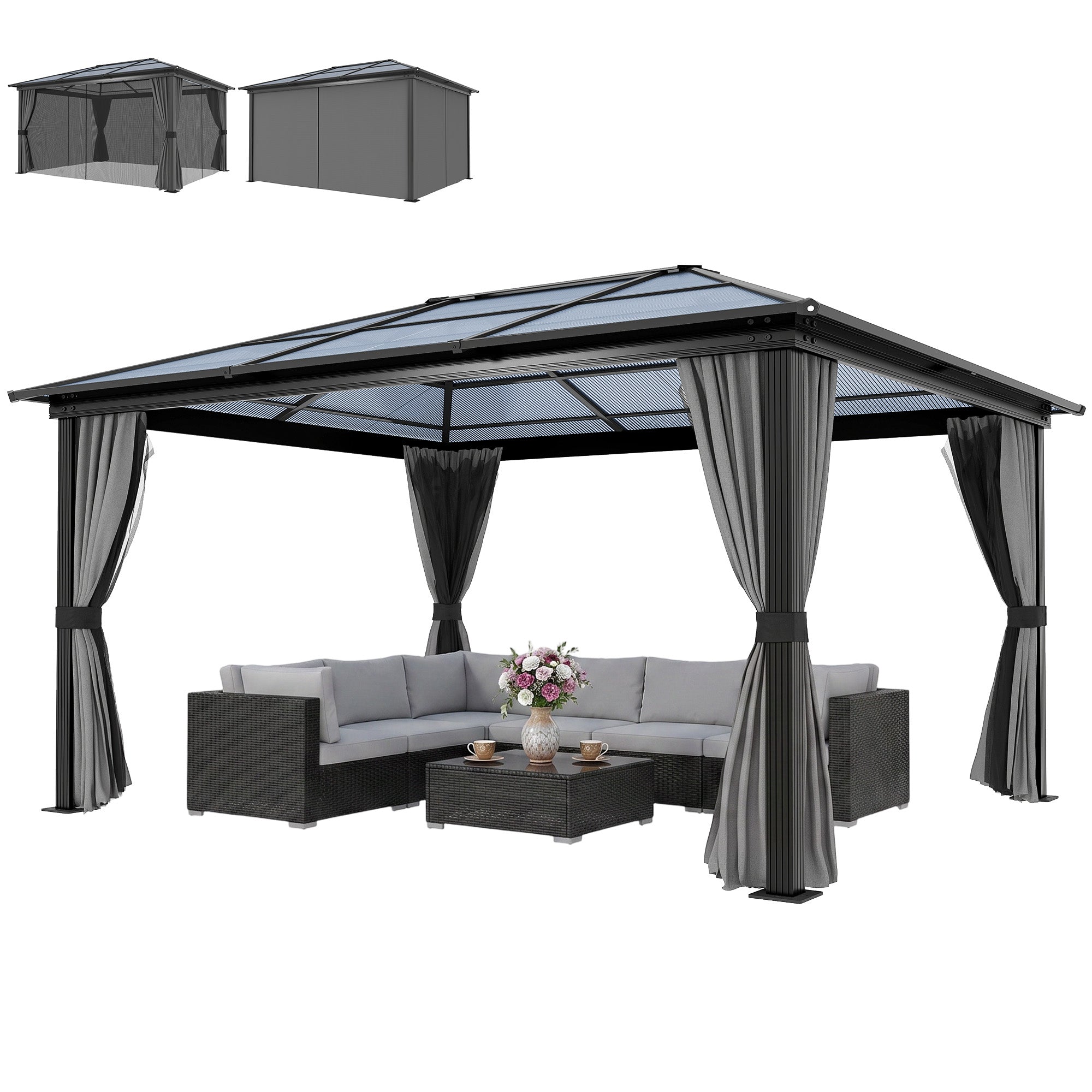 12' x 15' Hardtop Gazebo Canopy with Polycarbonate Roof, Aluminum Frame, Netting, Curtains and Ceiling Hook, Dark Grey
