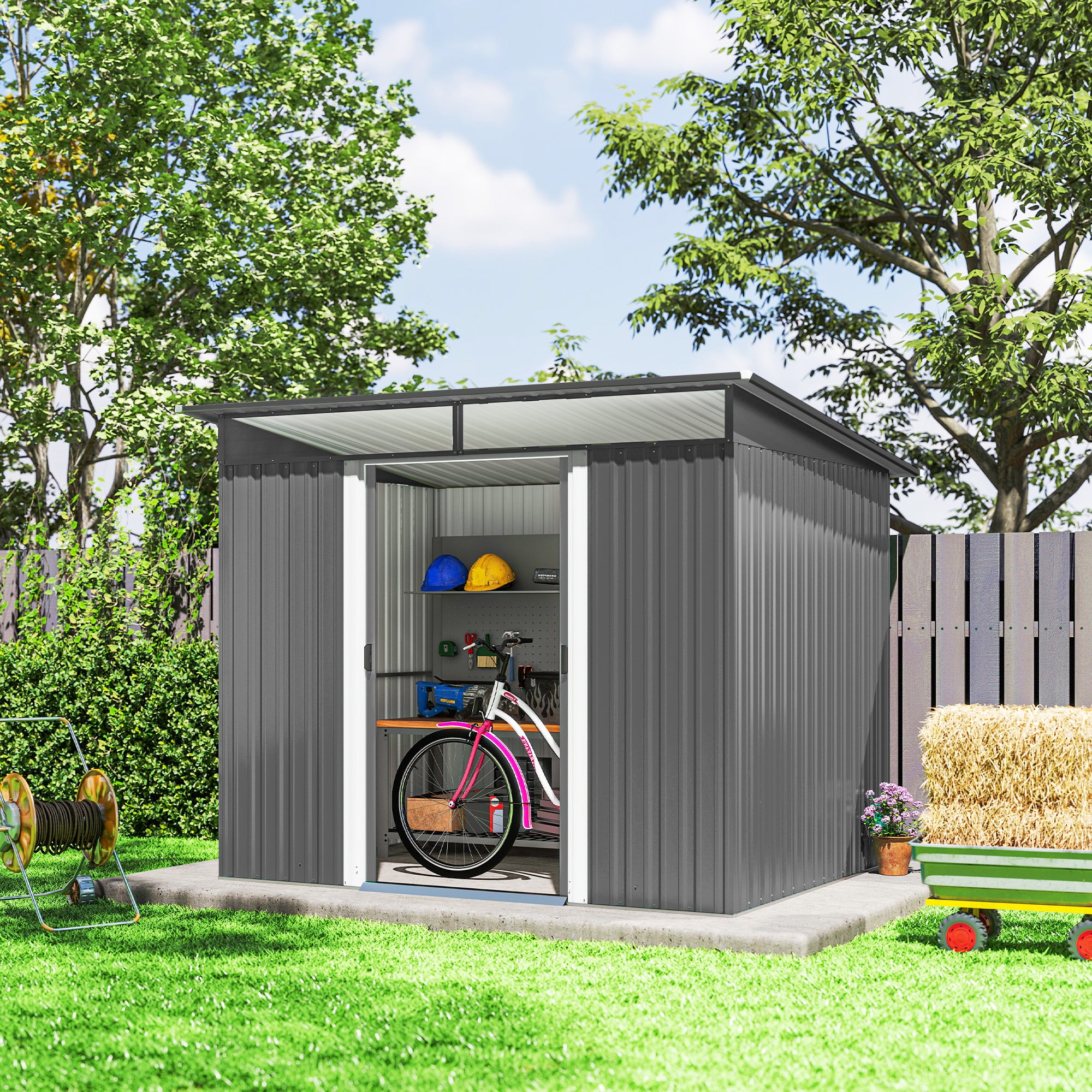 9' x 6.5' Outdoor Metal Garden Shed Utility Tool Storage Steel Backyard Storage House, Light Grey