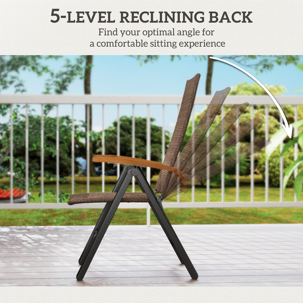 Folding Wicker Patio Dining Chair with 5-level Reclining Back, Wooden Armrests for Outdoor, Garden, Backyard, Brown