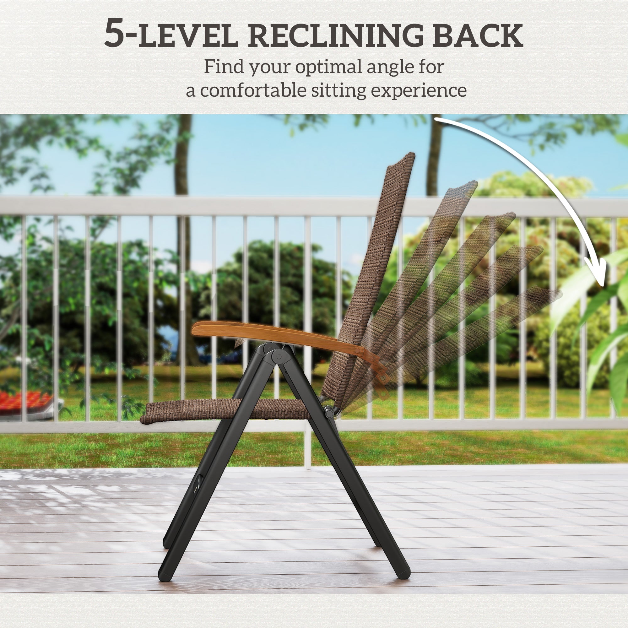 Folding Wicker Patio Dining Chair with 5-level Reclining Back, Wooden Armrests for Outdoor, Garden, Backyard, Brown