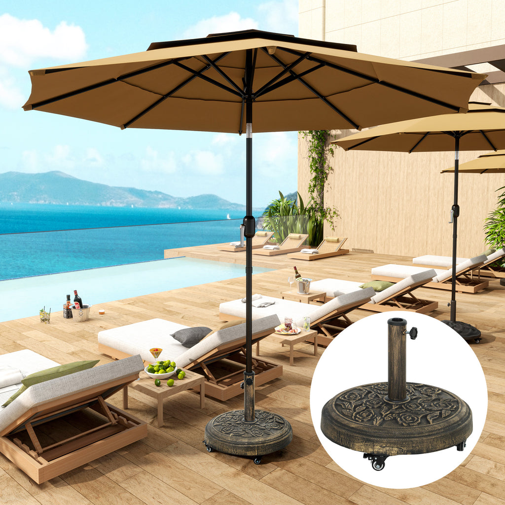 46 lbs Resin Round Patio Umbrella Base, Umbrella Stand with Wheels, Outdoor Umbrella Stand for 1.3"/1.5"/1.9" Umbrella Poles for Outdoor, Lawn, Poolside, Bronze