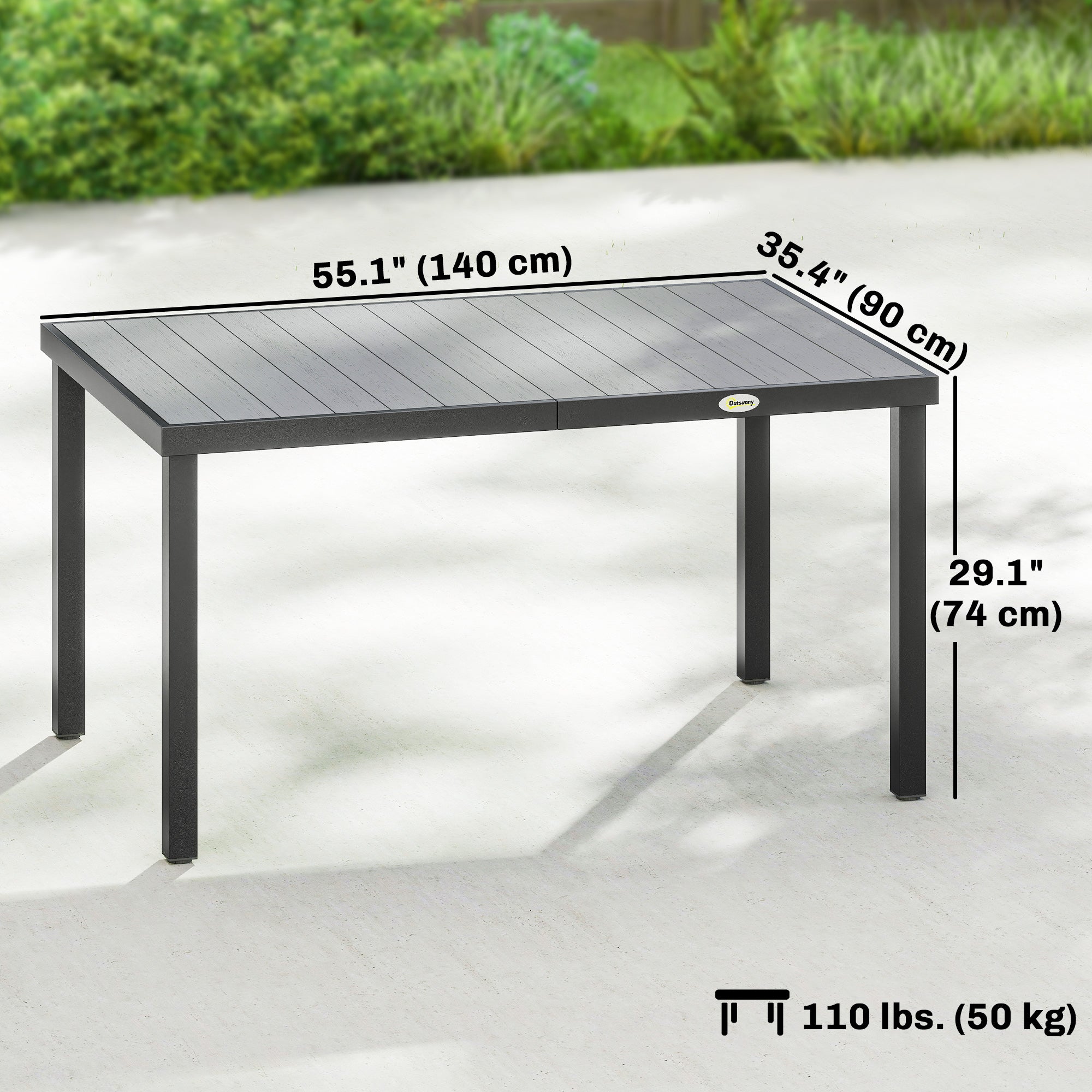 Rectangular Patio Table for 6, Outdoor Dining Table with Wood-Plastic Composite Top and Steel Frame for Garden, Grey