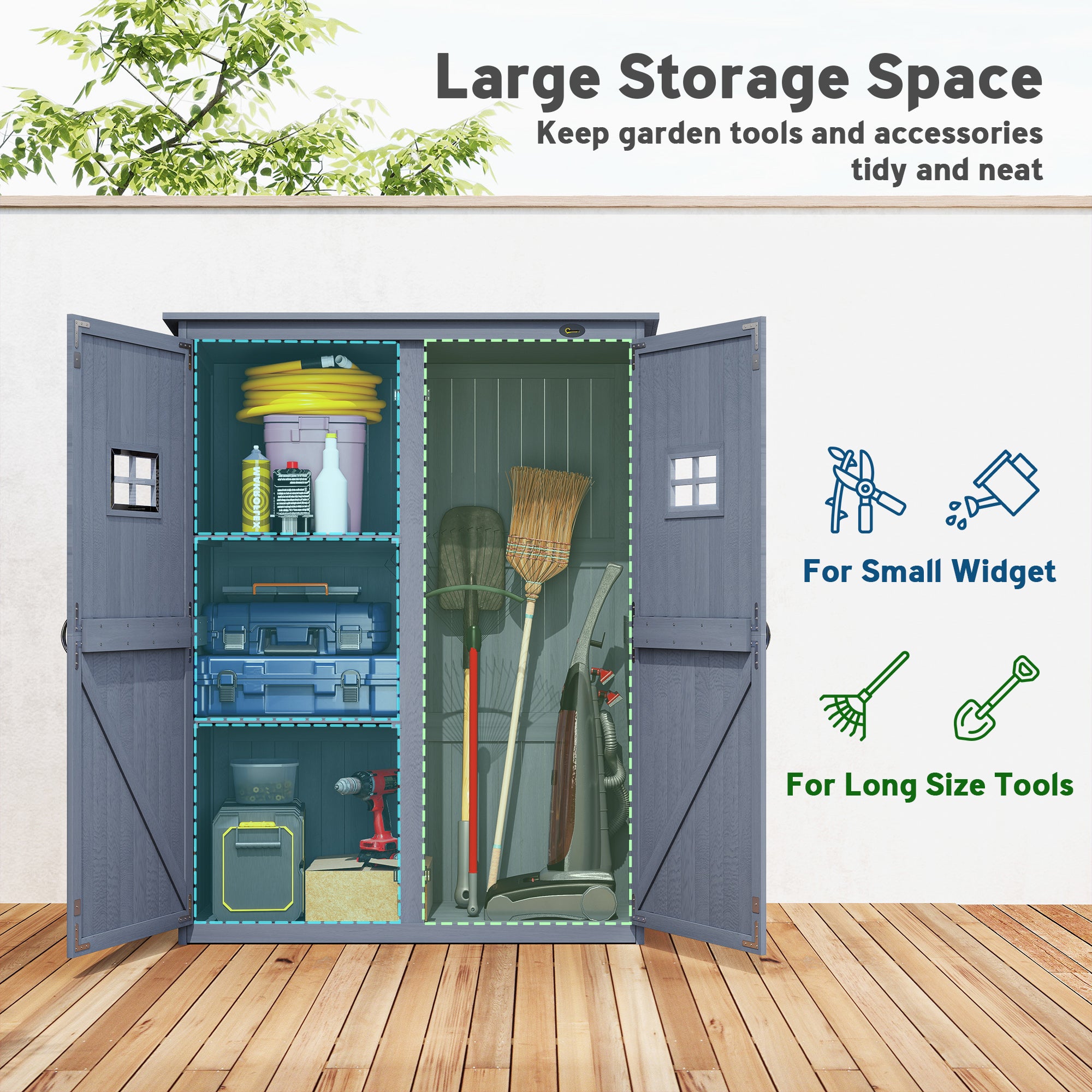 4x1.5ft Wooden Garden Storage Shed, Outdoor Tool Cabinet Organizer with Windows and Double Door, Dark Grey