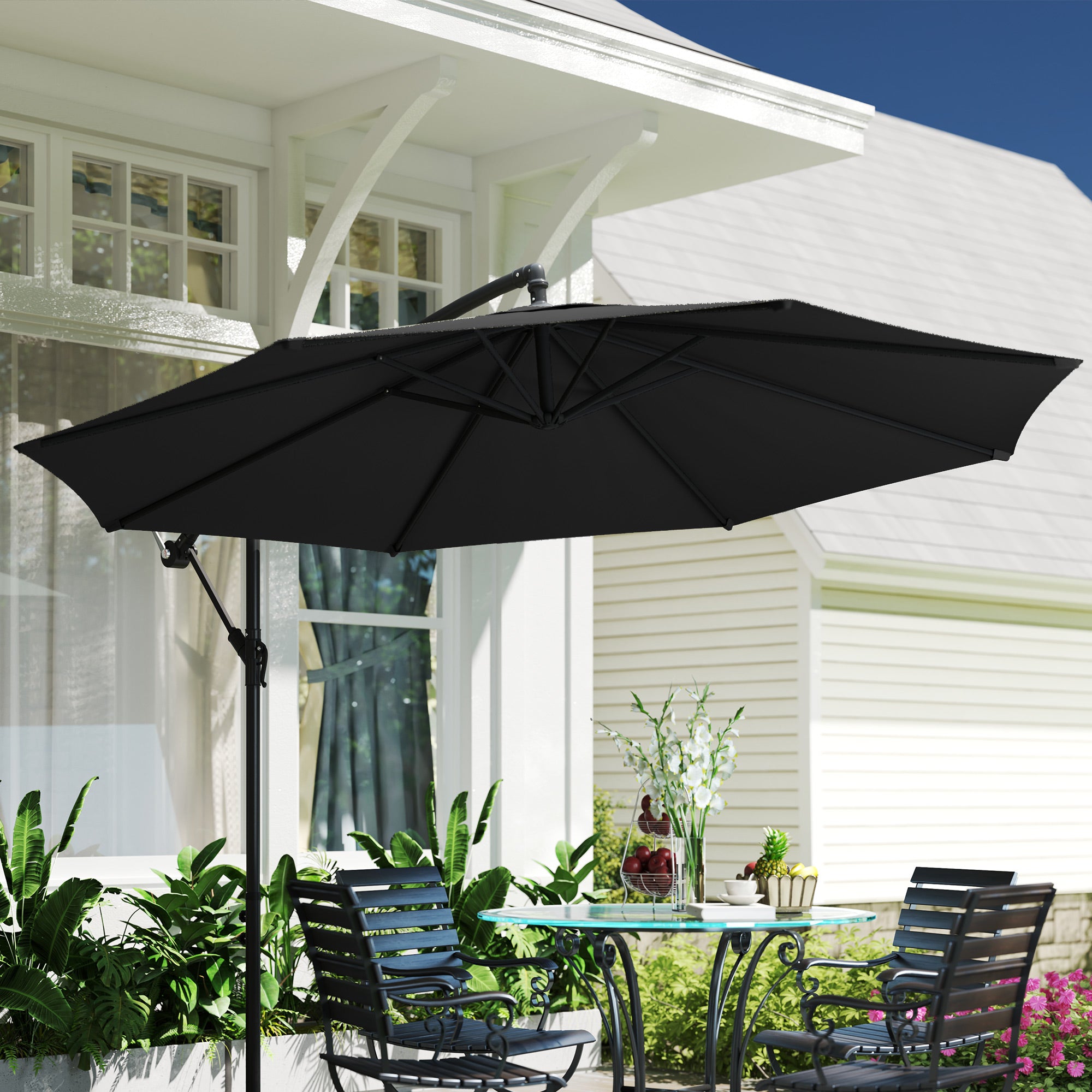 9.7ft Offset Patio Umbrella Garden Hanging Parasol Banana Cantilever Umbrella with Base, Crank, Black