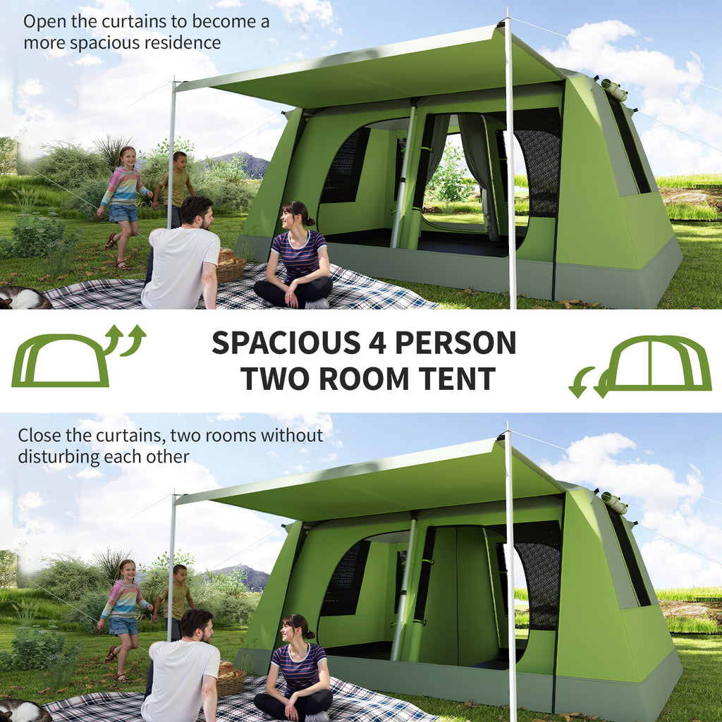 Tunnel Tent Camping Shelter w/ Porch, Two Rooms, Lamp Hook, Portable Carry Bag, Green
