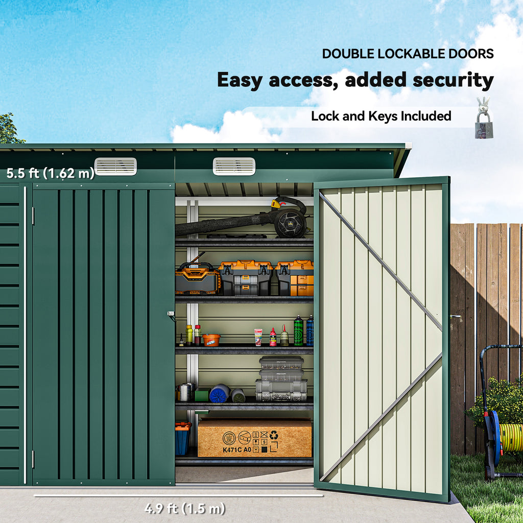 8 x 4FT Galvanized Garden Storage Shed, Metal Outdoor Shed with Double Doors and 2 Vents, Green
