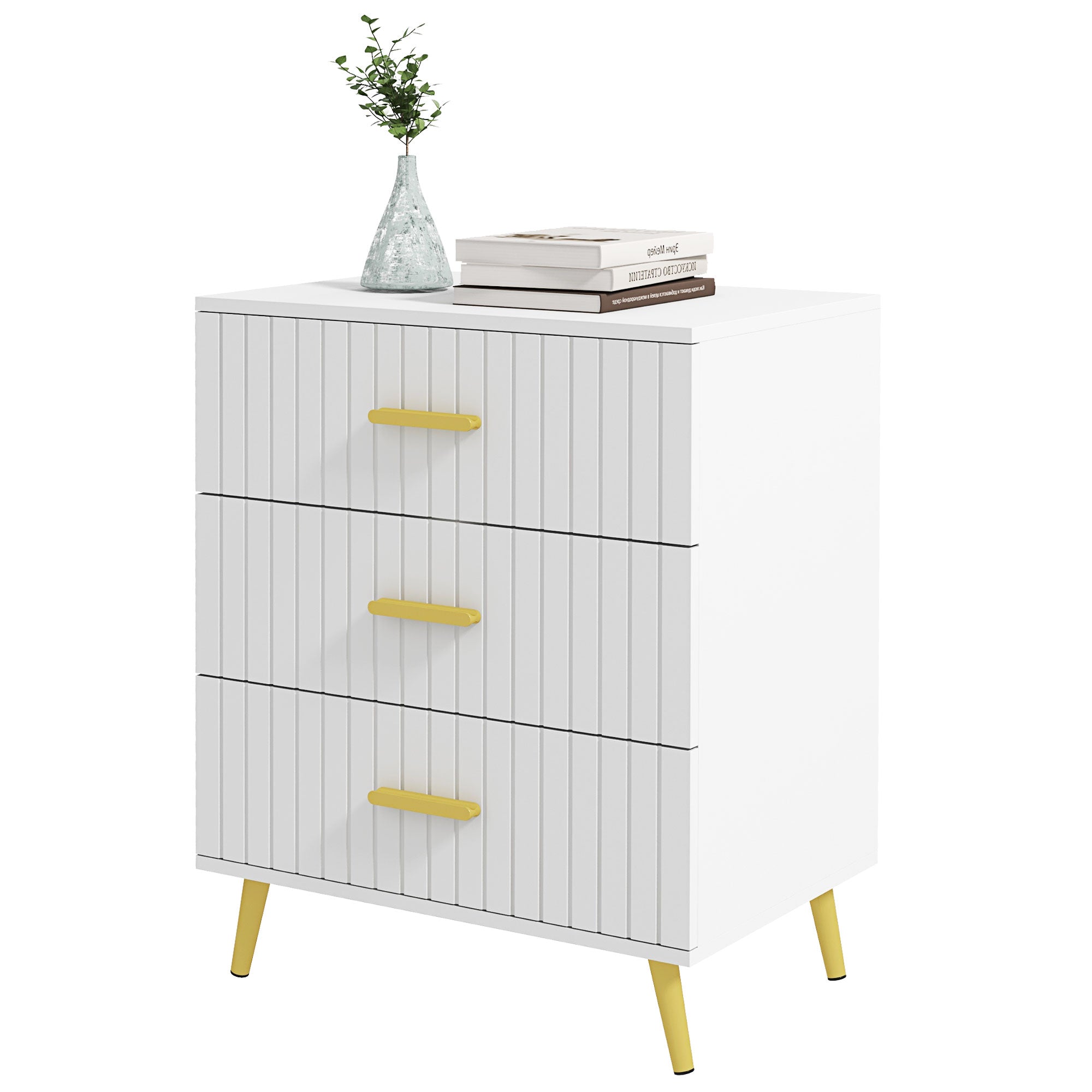 3 Drawer Cabinet, Drawer Chest for Bedroom, Chest of Drawers with Aluminium Legs and Gold Handles, White