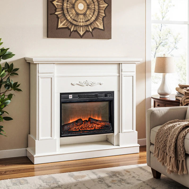 46-inch white fireplace mantel with electric heater and realistic flame display