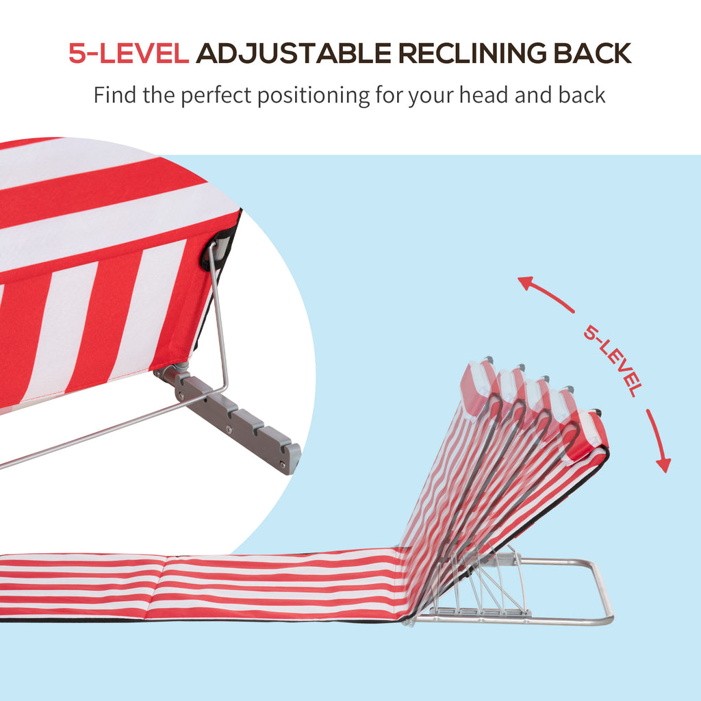Set of 2 Beach Lounge Chair Sun Lounger, Folding Ground Beach Mat w/ Adjustable Back, Steel Frame, Head Pillow and Carry Bag for Backyard Lakeside, Red and White