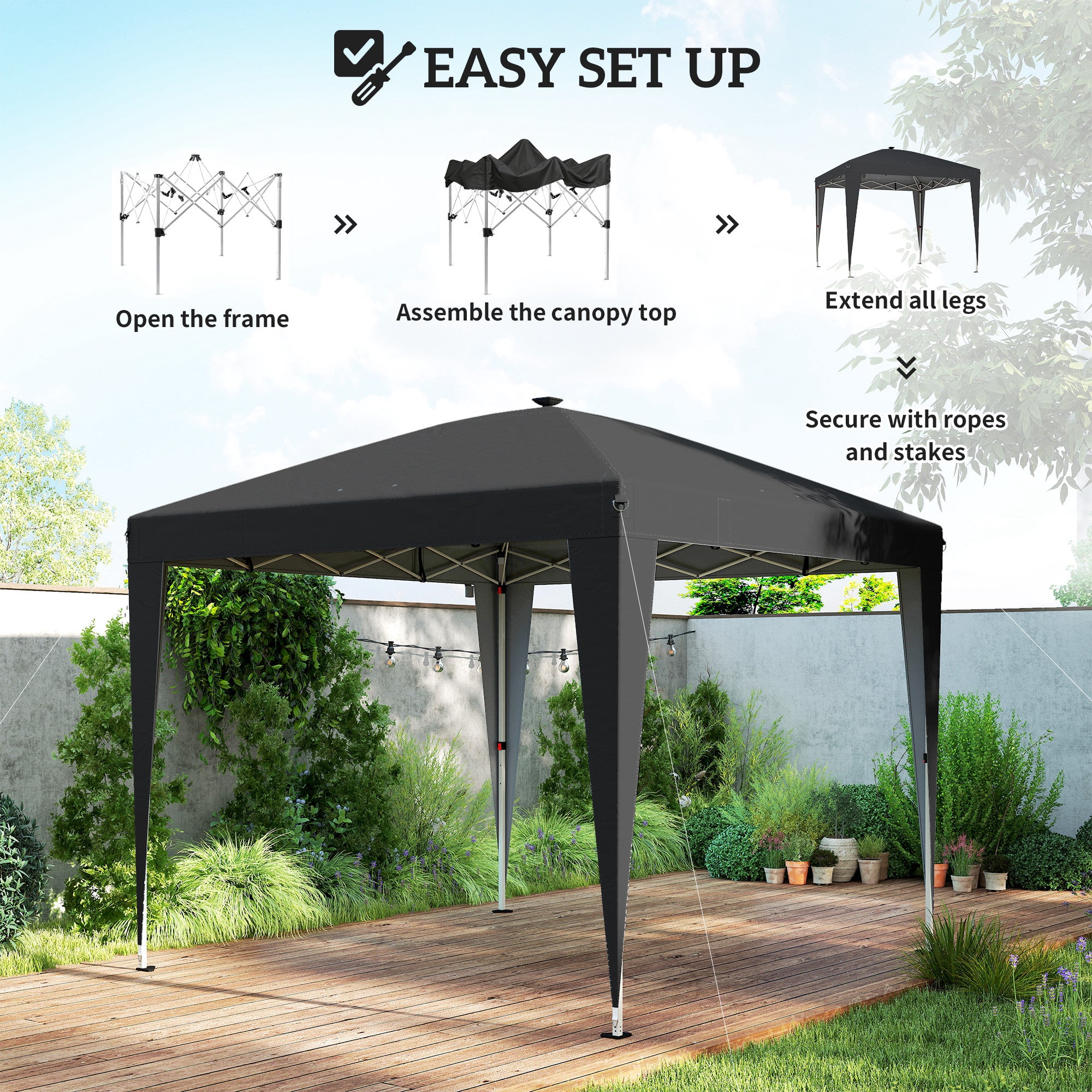 10 x 10 ft Pop Up Canopy Tent with Central Light, UPF 50+ Instant Portable Canopy Shelter with Remote, Black