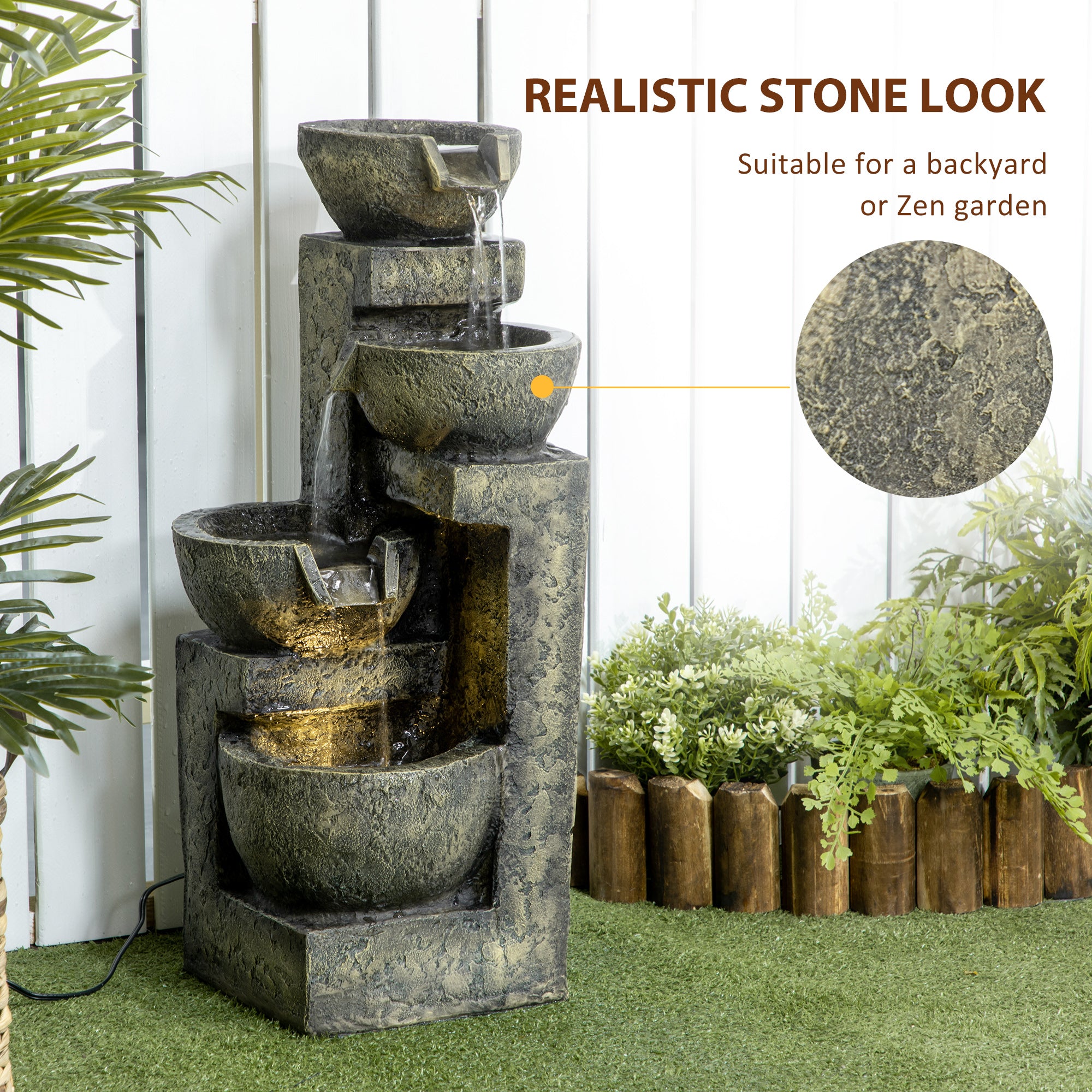 Outdoor Fountain Cascading Waterfall with 4-Tier Stone Look Bowls, Adjustable Flow & LED Lights for Patio Garden