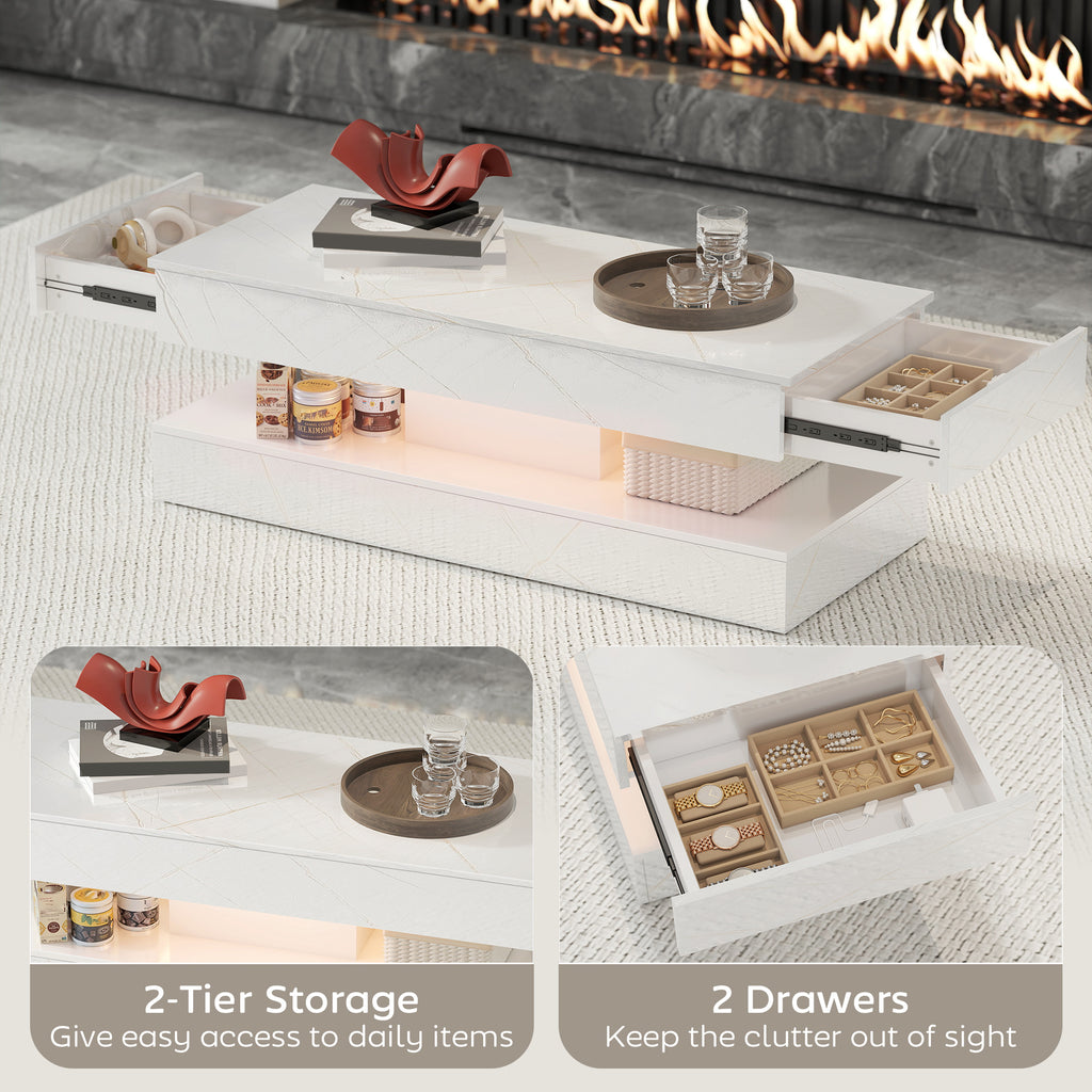 Coffee Table with Adjustable LED Lights, Center Table with 2 Drawers, Open Shelf, Remote, High Gloss Marble-Effect White