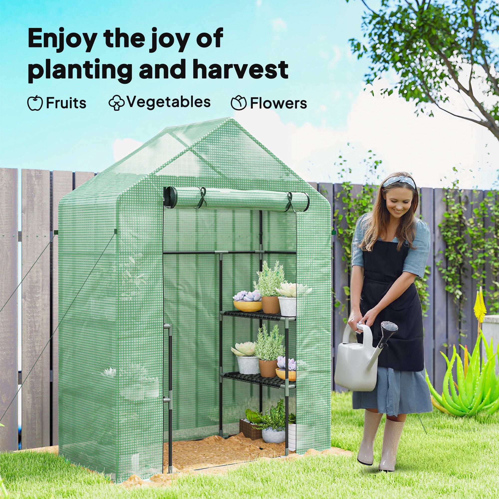 3-Tier Mini Greenhouse, Walk-in Greenhouse, Garden Hot House with 4 Shelves, Roll-Up Door and Weatherized Cover, 56" x 29" x 77", Dark Green
