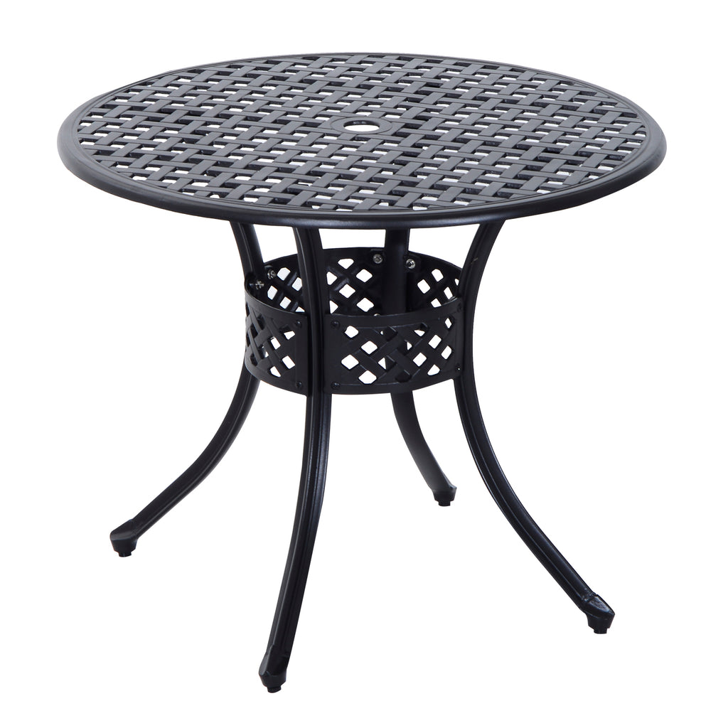 33-Inch Roud Patio Dining Table with Umbrella Hole, Cast Aluminum Garden Table, All Weather Patio Bisto Table, for Lawn, Garden, Outside, Black