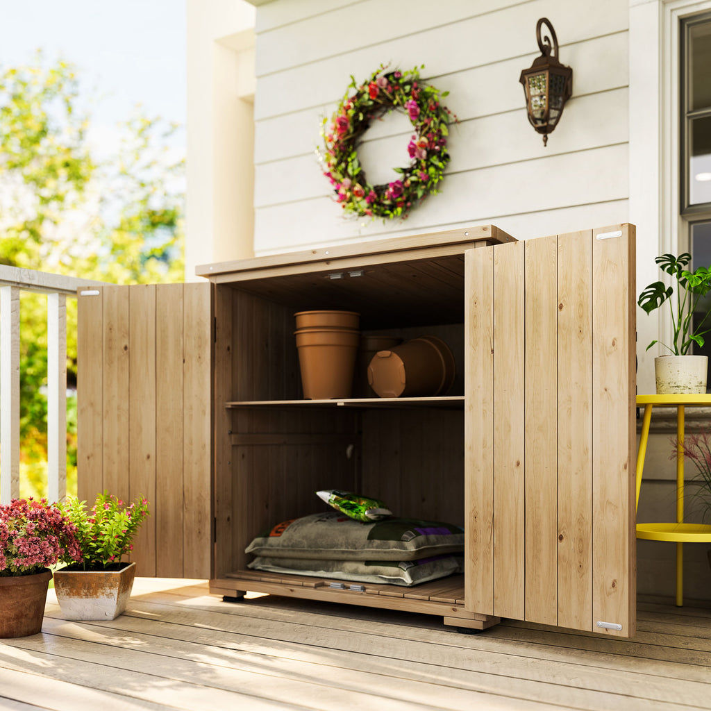 Wooden Outdoor Storage Cabinet, Garden Shed Potting Shed with Shelf and Double Doors, Natural