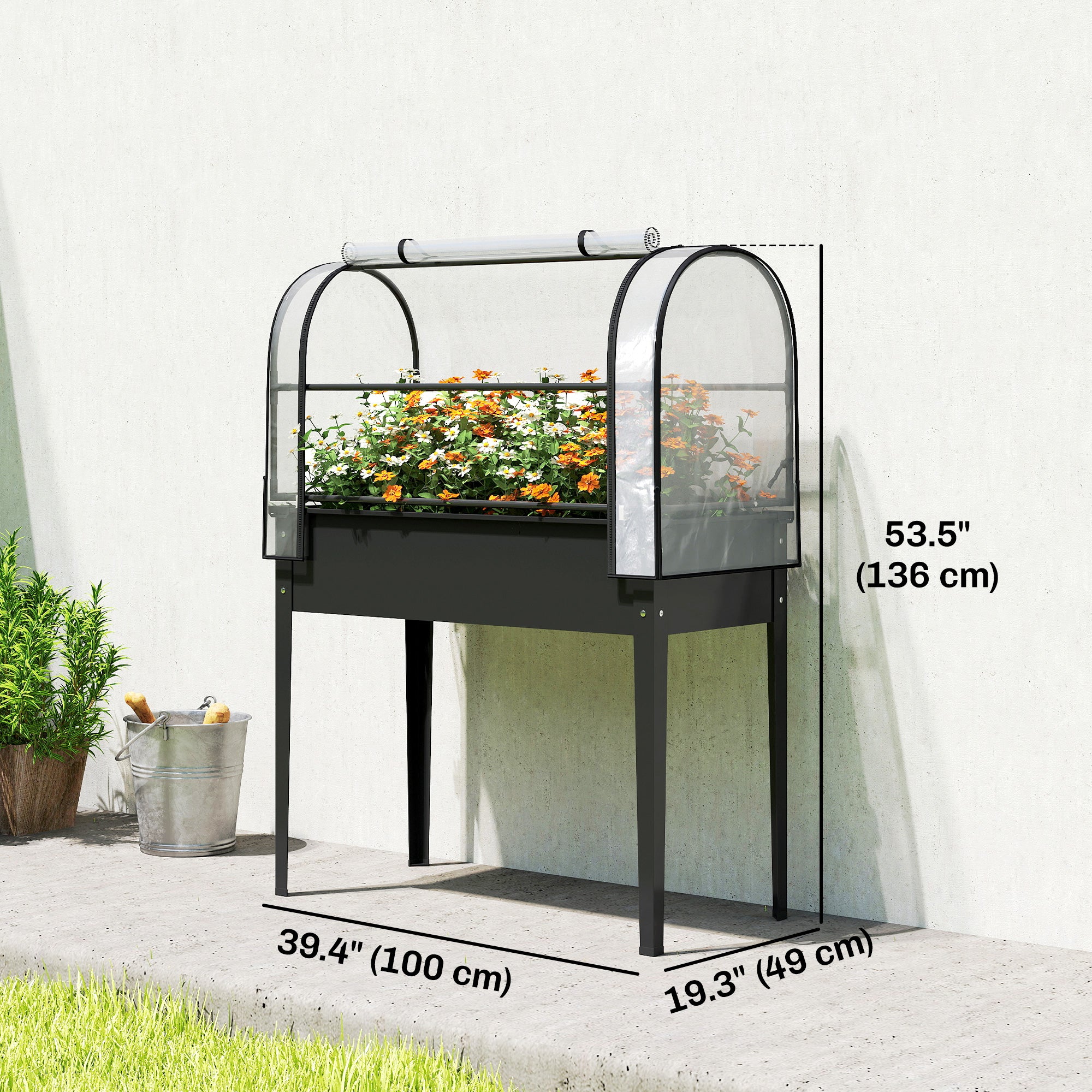 Raised Garden Bed with Flip-Up Greenhouse Cover, Metal Elevated Garden Bed with Legs and Drainage Hole, Black