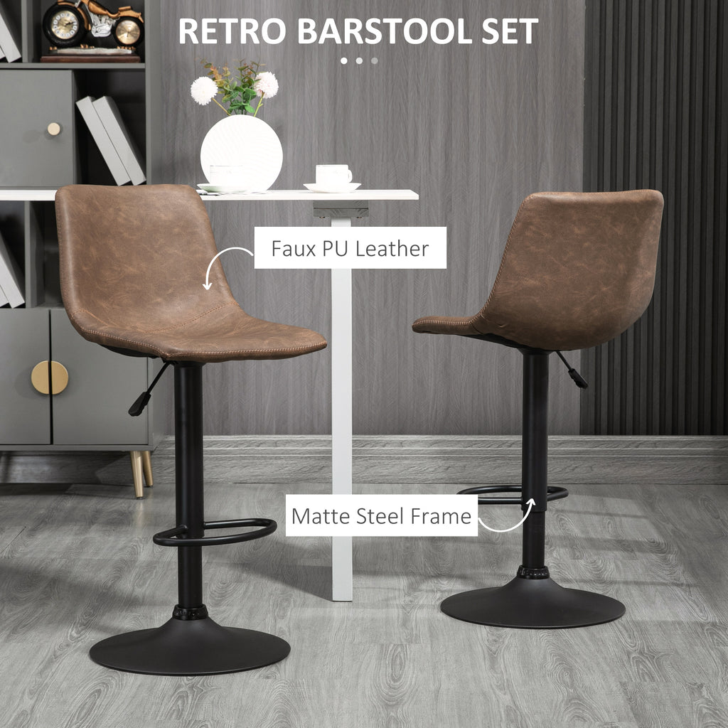 Adjustable Counter Height Bar Stools Set of 2, 360Â° Swivel Kitchen Counter Stools Dining Chairs with Backs, Vintage Leather, Brown