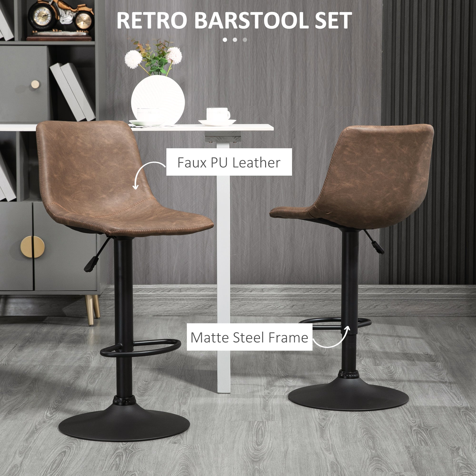 Adjustable Counter Height Bar Stools Set of 2, 360Â° Swivel Kitchen Counter Stools Dining Chairs with Backs, Vintage Leather, Brown