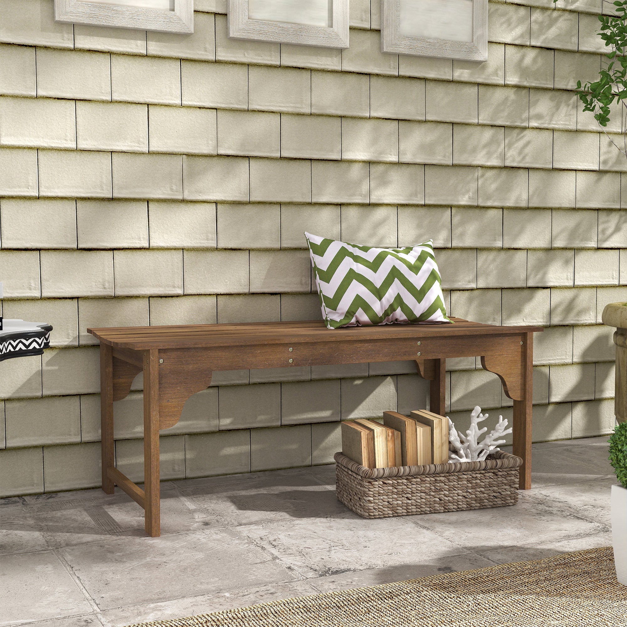 Wooden Garden Bench, Patio Double Park Bench with Slatted Seat, Front Porch Backless Bench, Teak