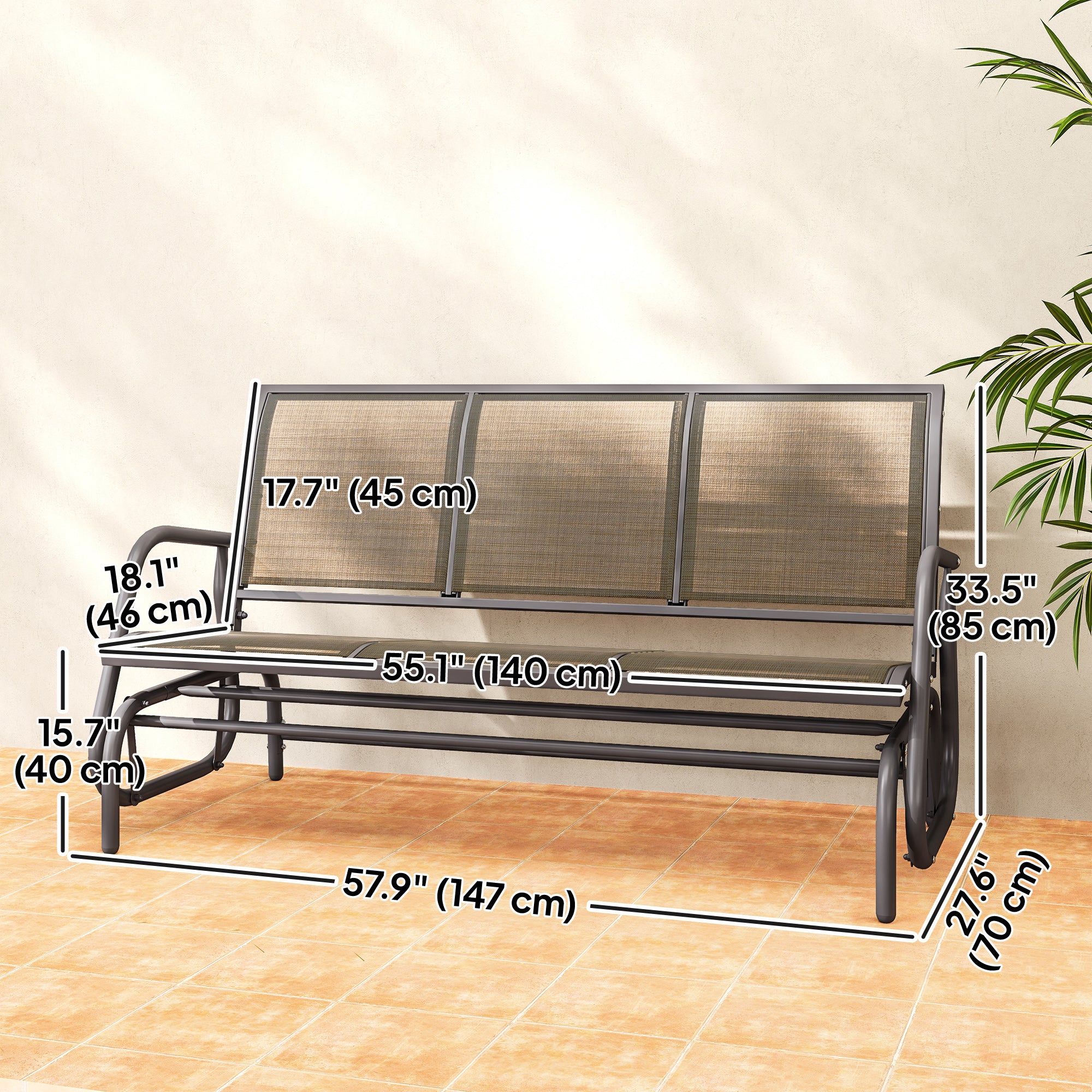 3-Seat Outdoor Glider Chair, Patio Rocking Chair, Steel Frame, Sling Fabric Seat for Garden, Backyard, Lawn, Brown