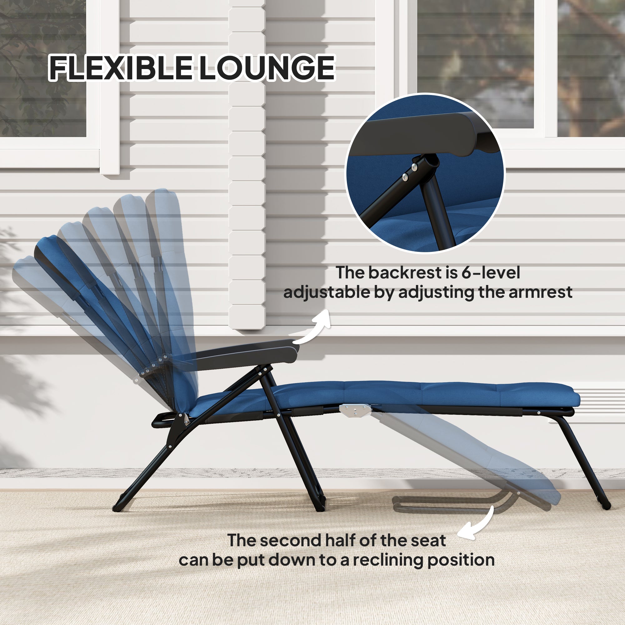Foldable Lounge Chair, Reclining Patio Sun Lounger with 6-Position Adjustable Back, Blue