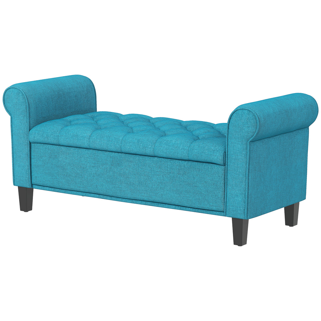 50 Inches Storage Ottoman, Upholstered Bedroom Bench with Rolled Arms and Button Tufted Storage, Teal