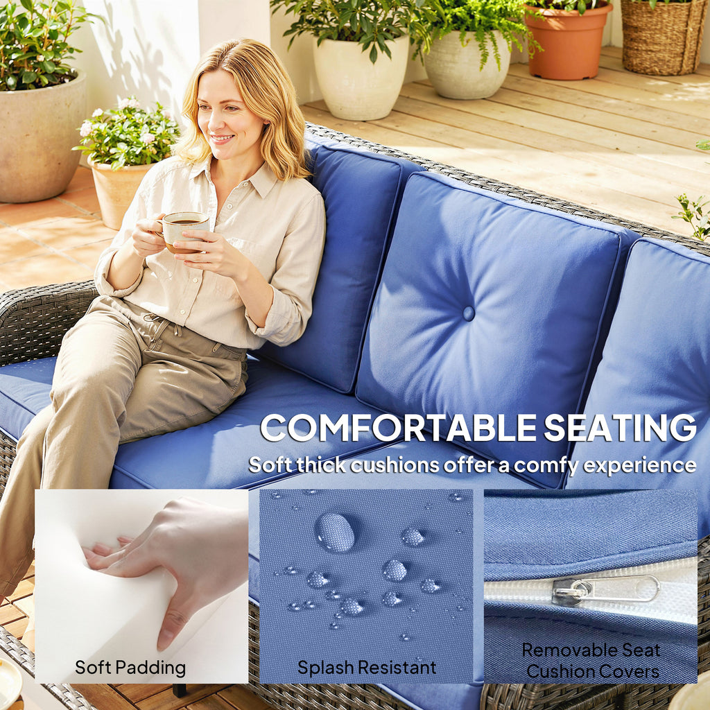 Wicker Patio Sofa with Cushions, 3 Seater Rattan Outdoor Couch for Patio, Garden, Porch, Backyard, Deep Blue