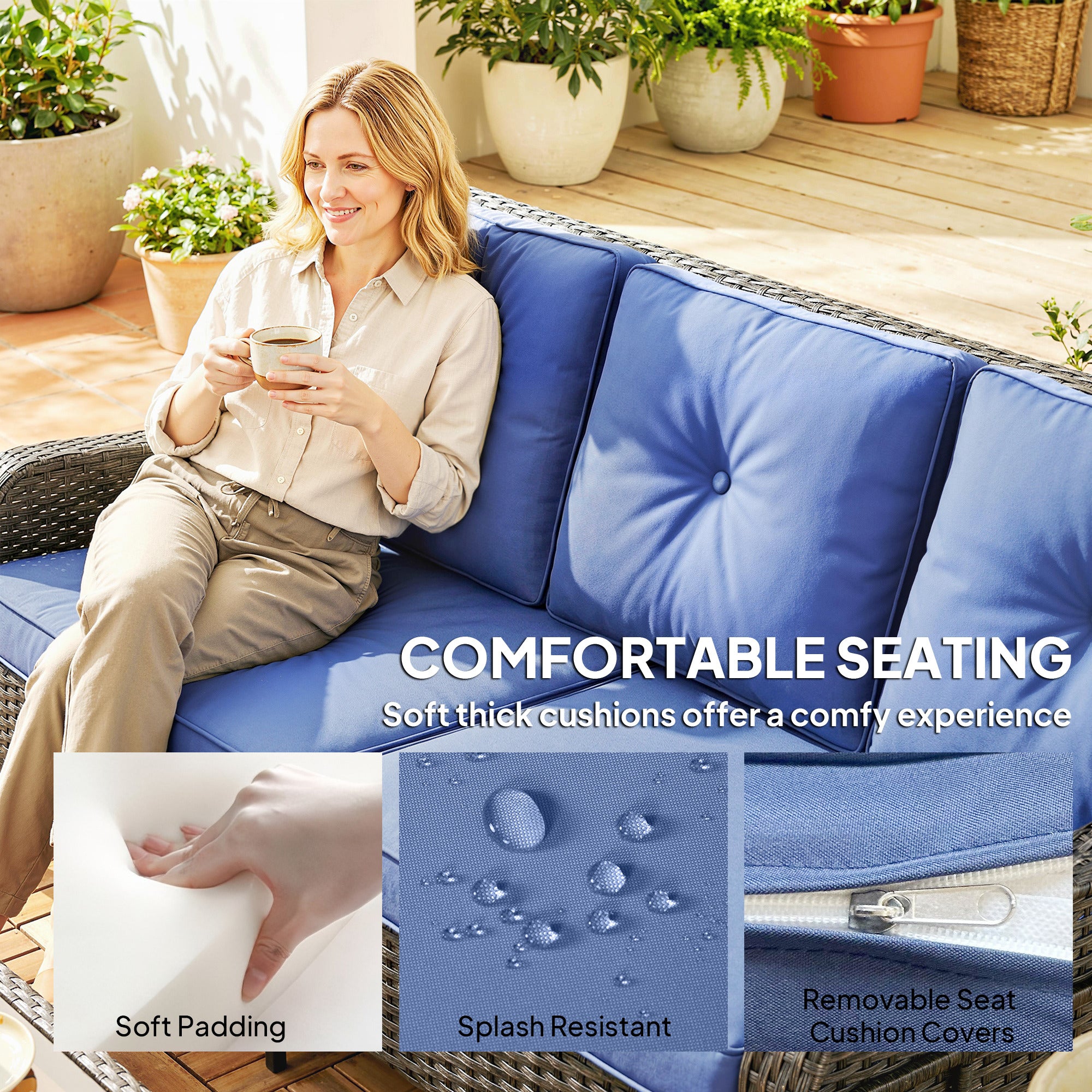 Wicker Patio Sofa with Cushions, 3 Seater Rattan Outdoor Couch for Patio, Garden, Porch, Backyard, Deep Blue