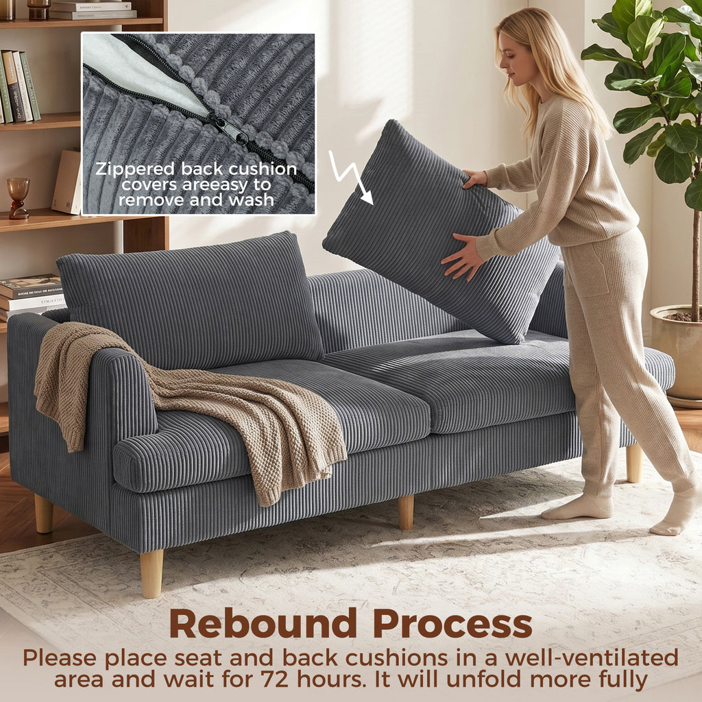 3 Seater Sofa, 74" Modern Corduroy Upholstered Couch with Thick Spring Cushions, Solid Wood Legs, Armrests, Dark Grey