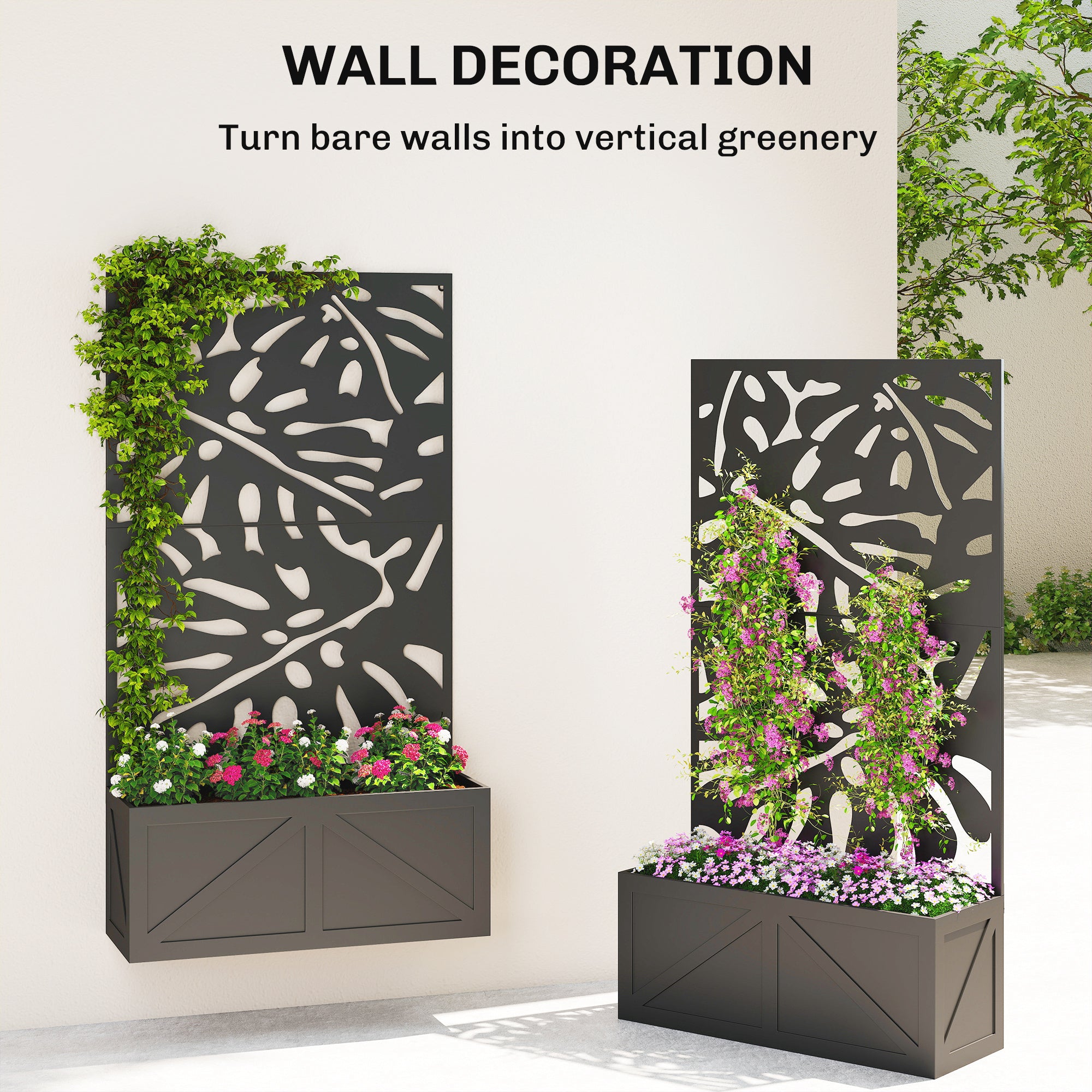 Metal Raised Garden Bed with Trellis for Climbing Plants, Freestanding or Wall Mounted Flower Bed with Privacy Panel