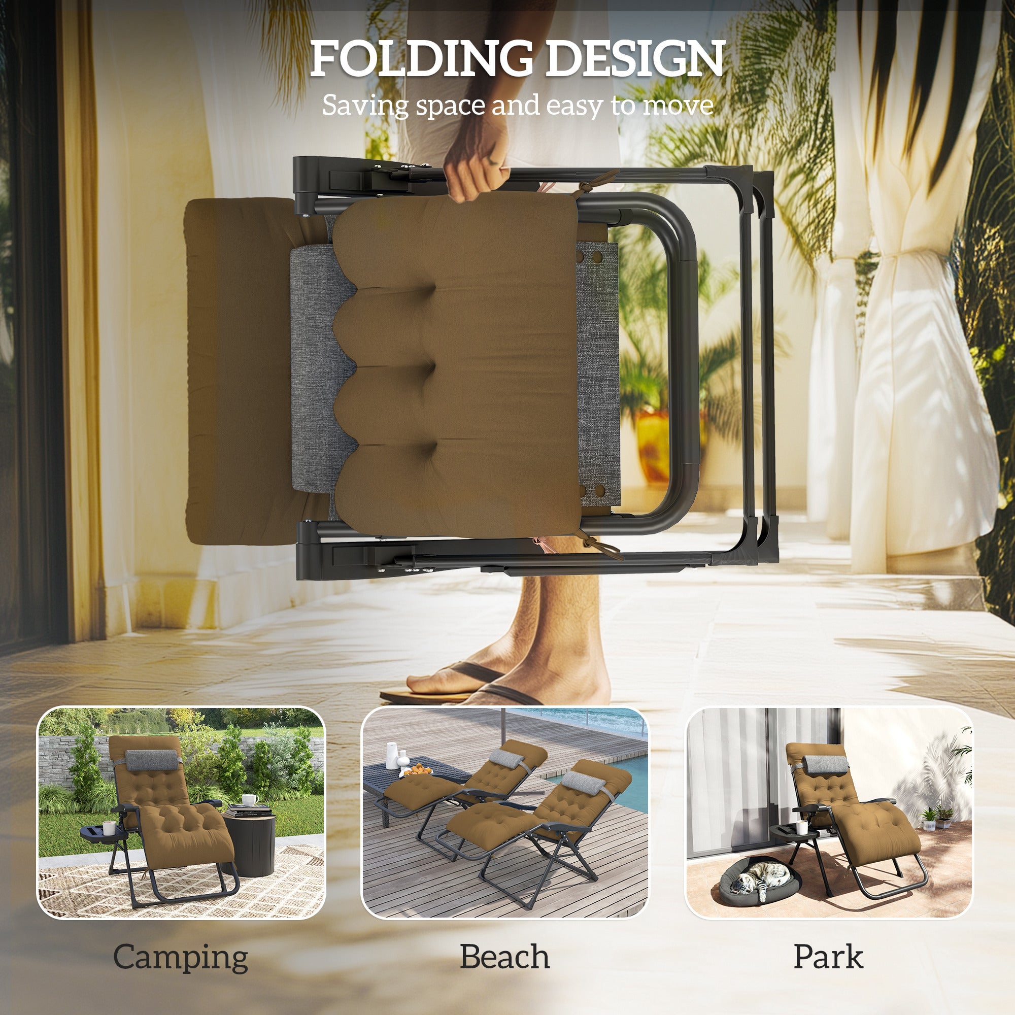 Padded Folding Recliner Chair, Patio Lounger with Cupholder, Adjustable Backrest, Removable Cushion, Light Khaki