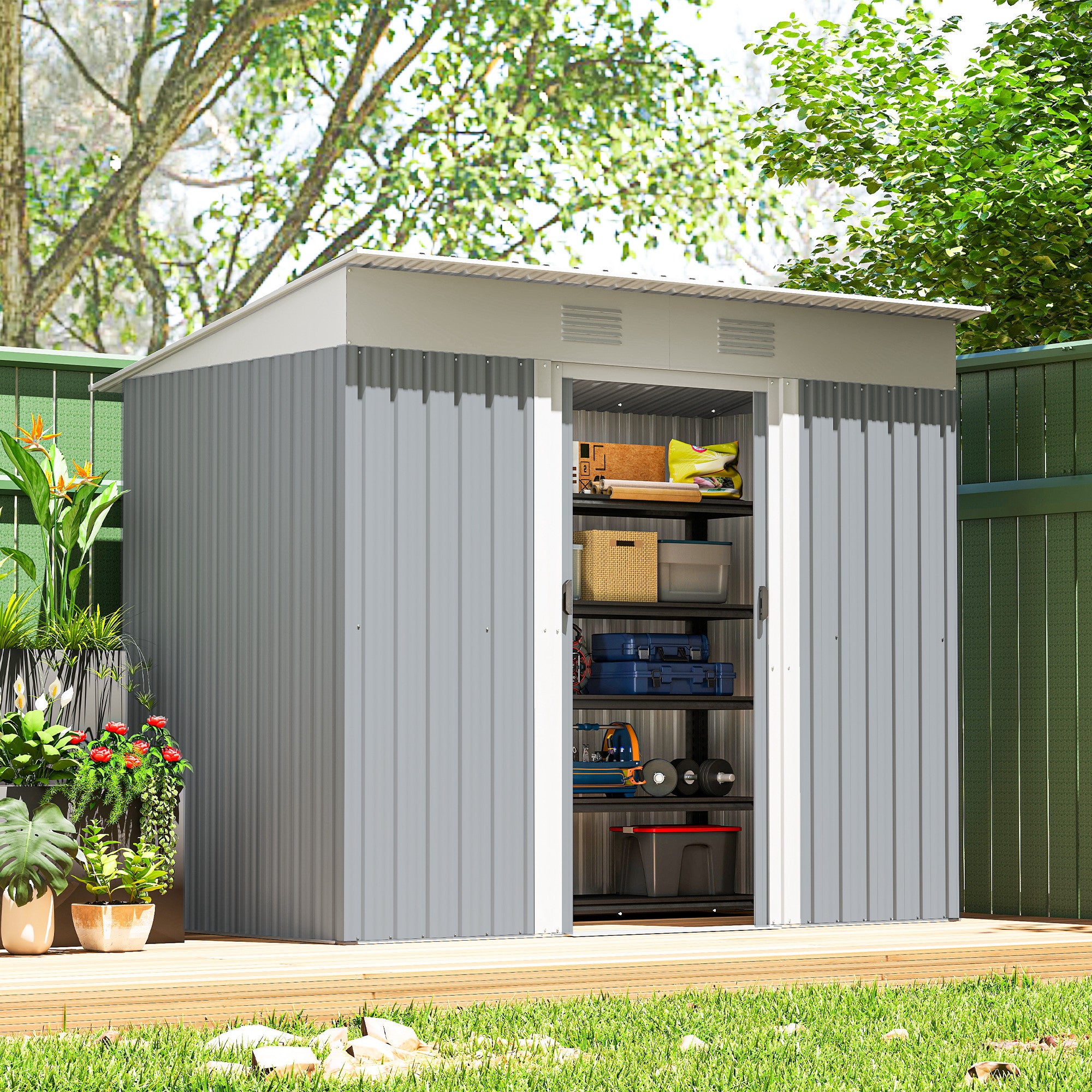 7' x 3.6' Outdoor Storage Shed, Metal Garden Shed with Lockable Sliding Doors and Vents, Grey