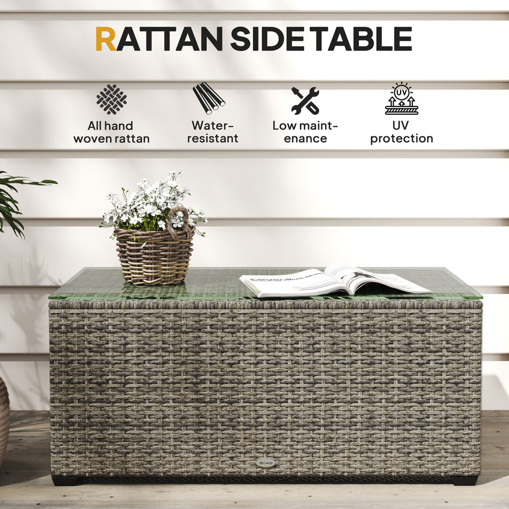 Wicker Outdoor Coffee Table, PE Wicker Rectangular Patio Table with Tempered Glass Top for Garden, Balcony, Dark Grey