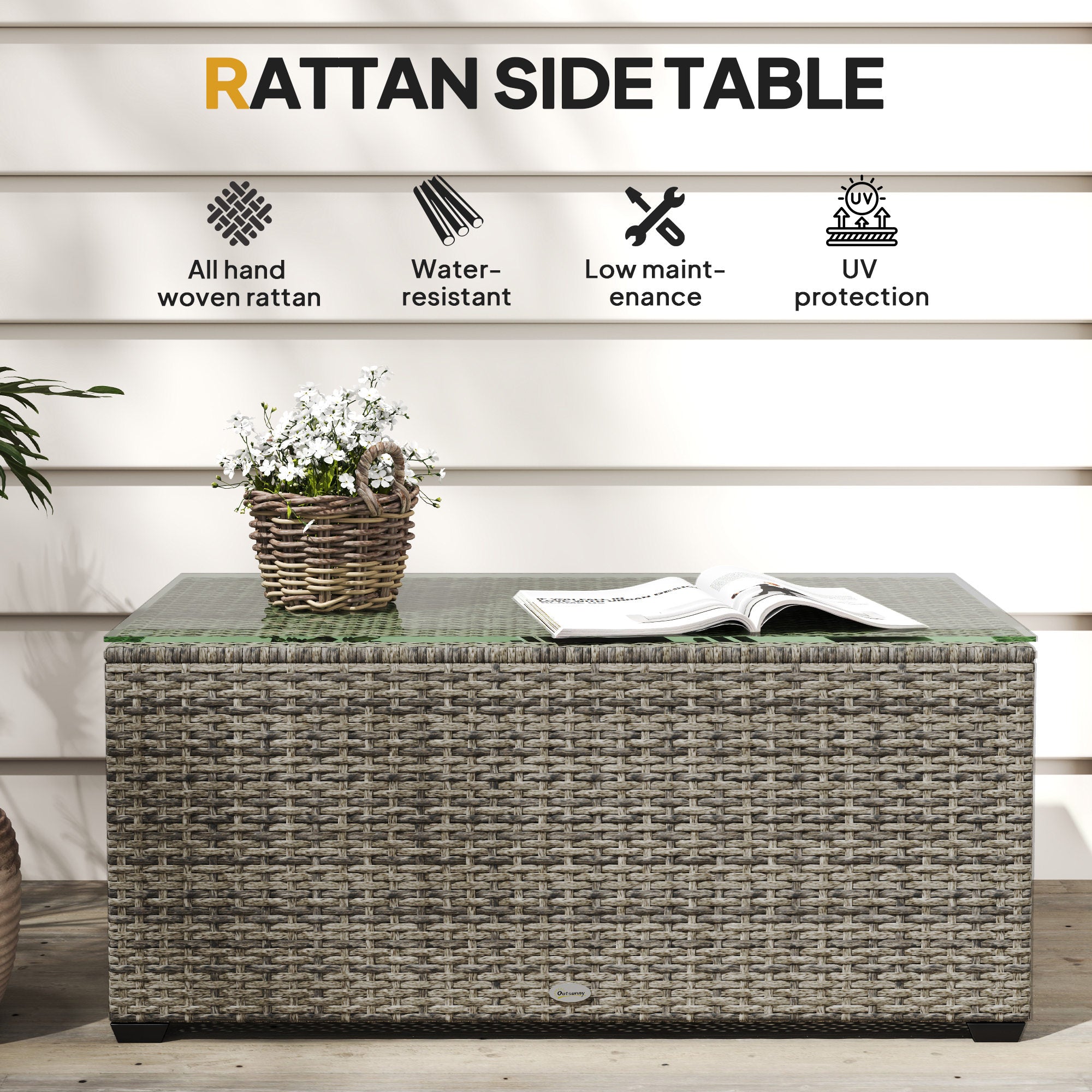 Wicker Outdoor Coffee Table, PE Wicker Rectangular Patio Table with Tempered Glass Top for Garden, Balcony, Dark Grey