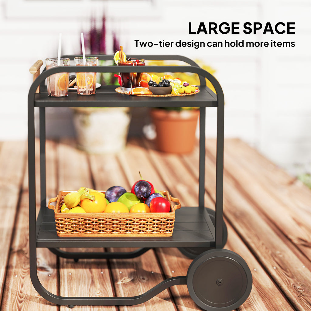 Outdoor Grill Cart with Storage, 2-Tier Bar Cart on Wheels with Side Handle, Steel Frame for Indoor Outdoor, Black