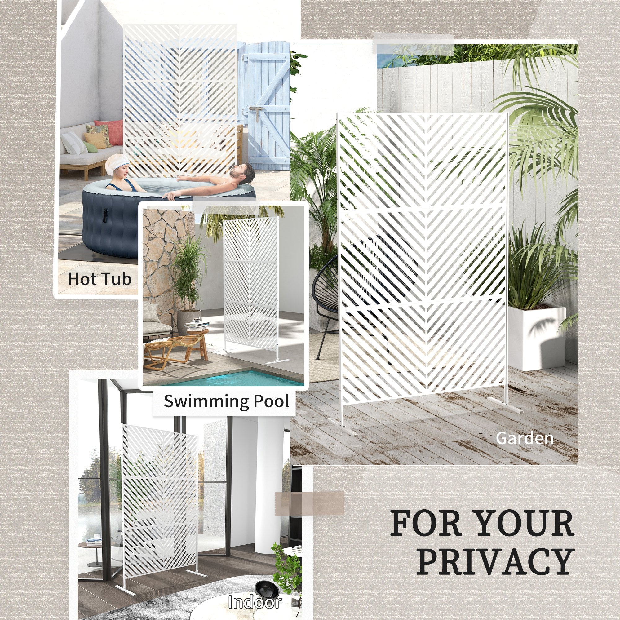 6.5FT Decorative Outdoor Divider, Metal Privacy Screen with Stand, Triangle Style, White