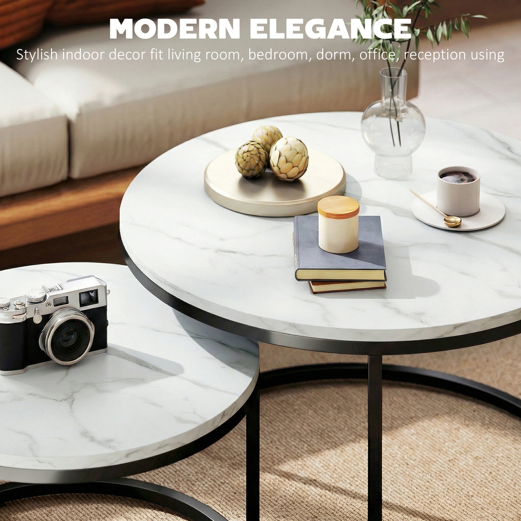 Modern Coffee Table Set of 2, Nesting Side Tables w/ Metal Base for Living Room Bedroom Office Marble White