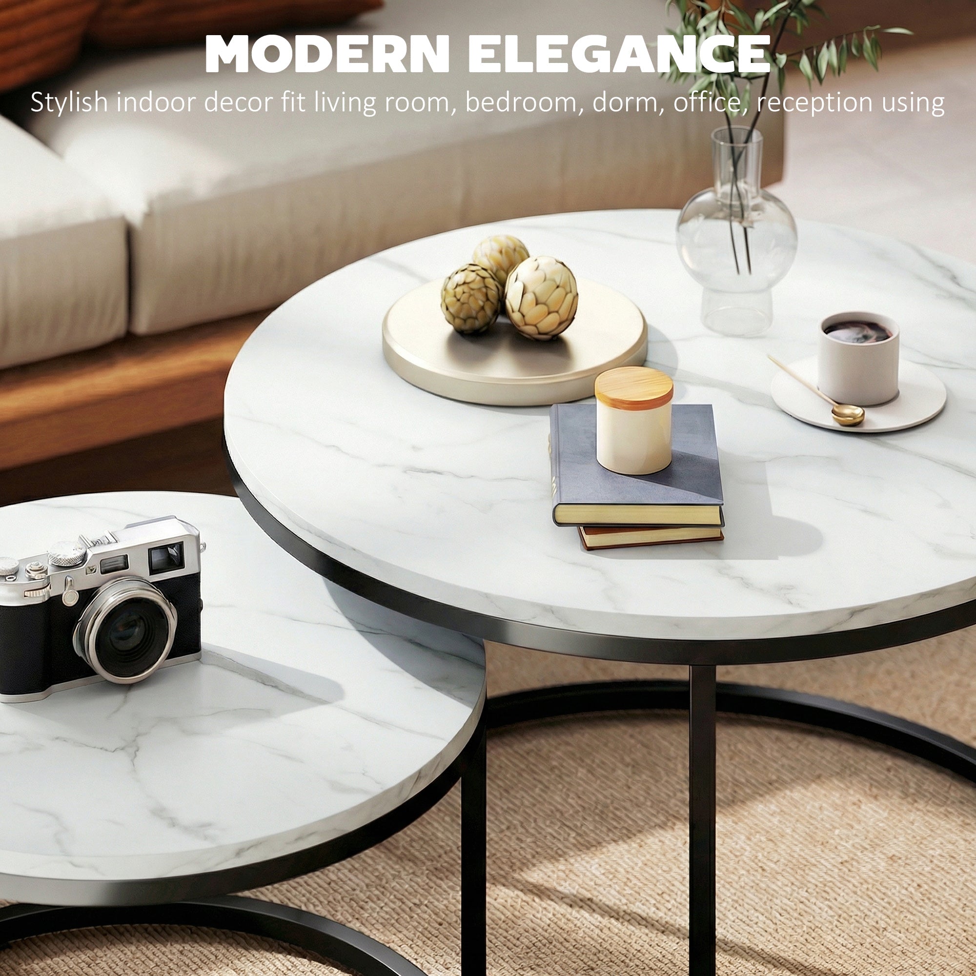 Modern Coffee Table Set of 2, Nesting Side Tables w/ Metal Base for Living Room Bedroom Office Marble White