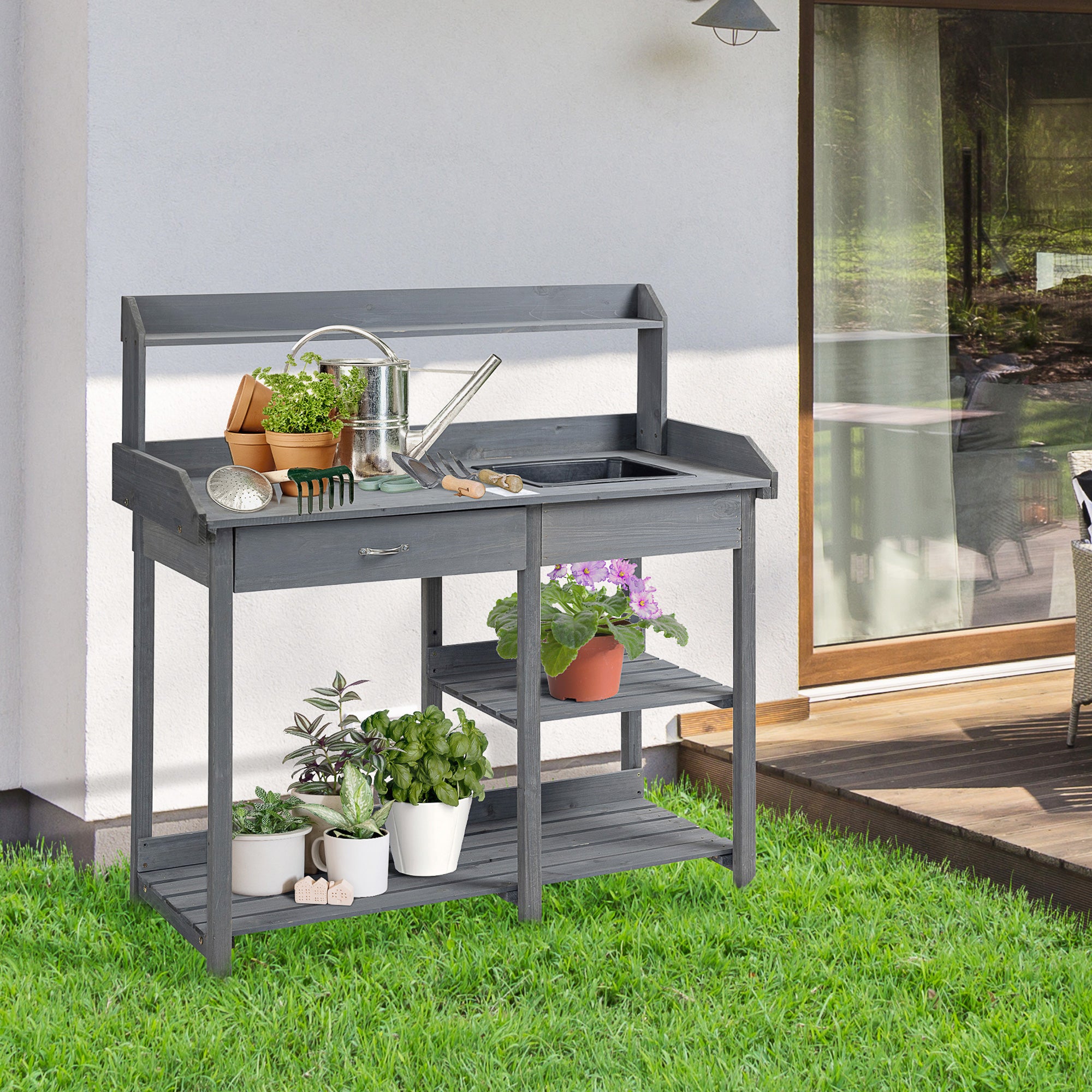 Potting Bench Table Garden Work Bench Workstation with Drawer, Removable Sink, Storage Shelves and Hooks for Patio, Courtyards, Balcony