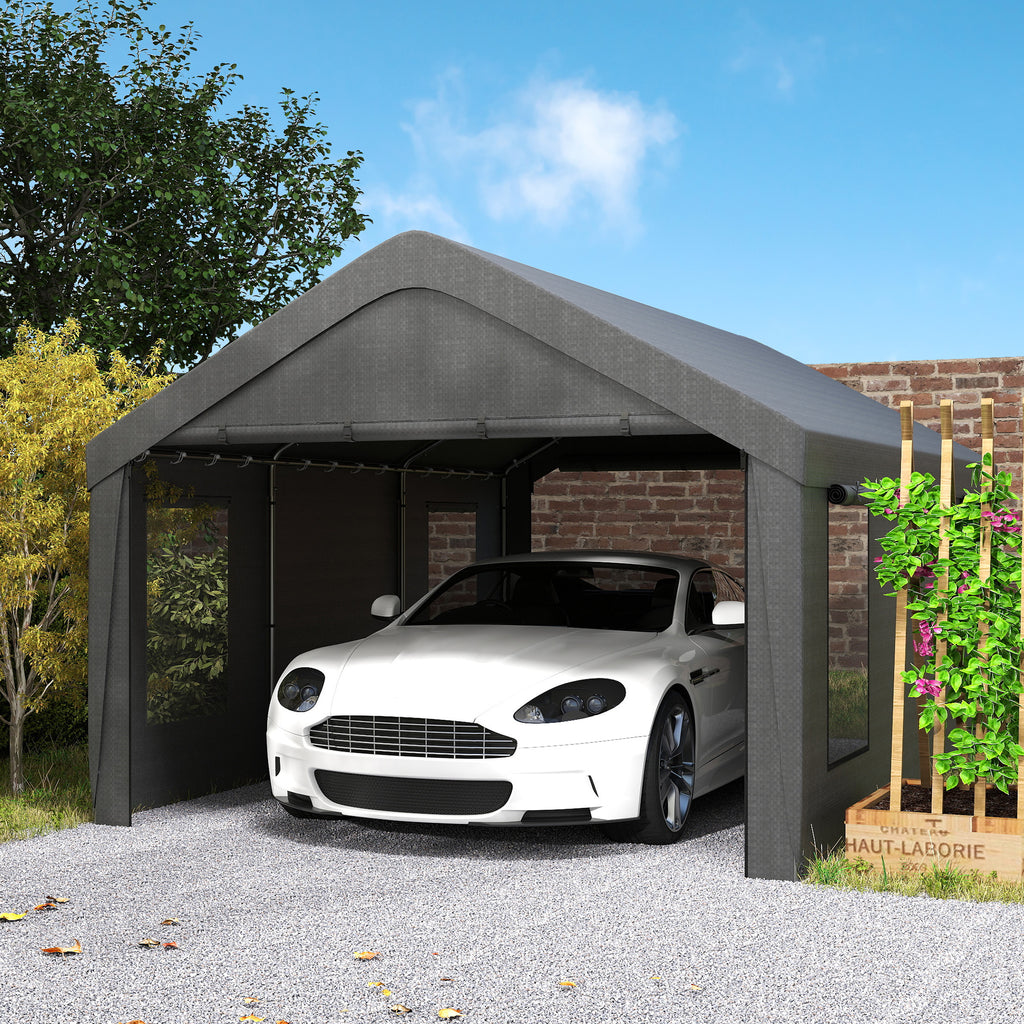 12 x 20ft Carport with 2 Roll-Up Doors, 4 Windows, Portable Garage with Removable Sidewalls for Car, Truck, Dark Grey
