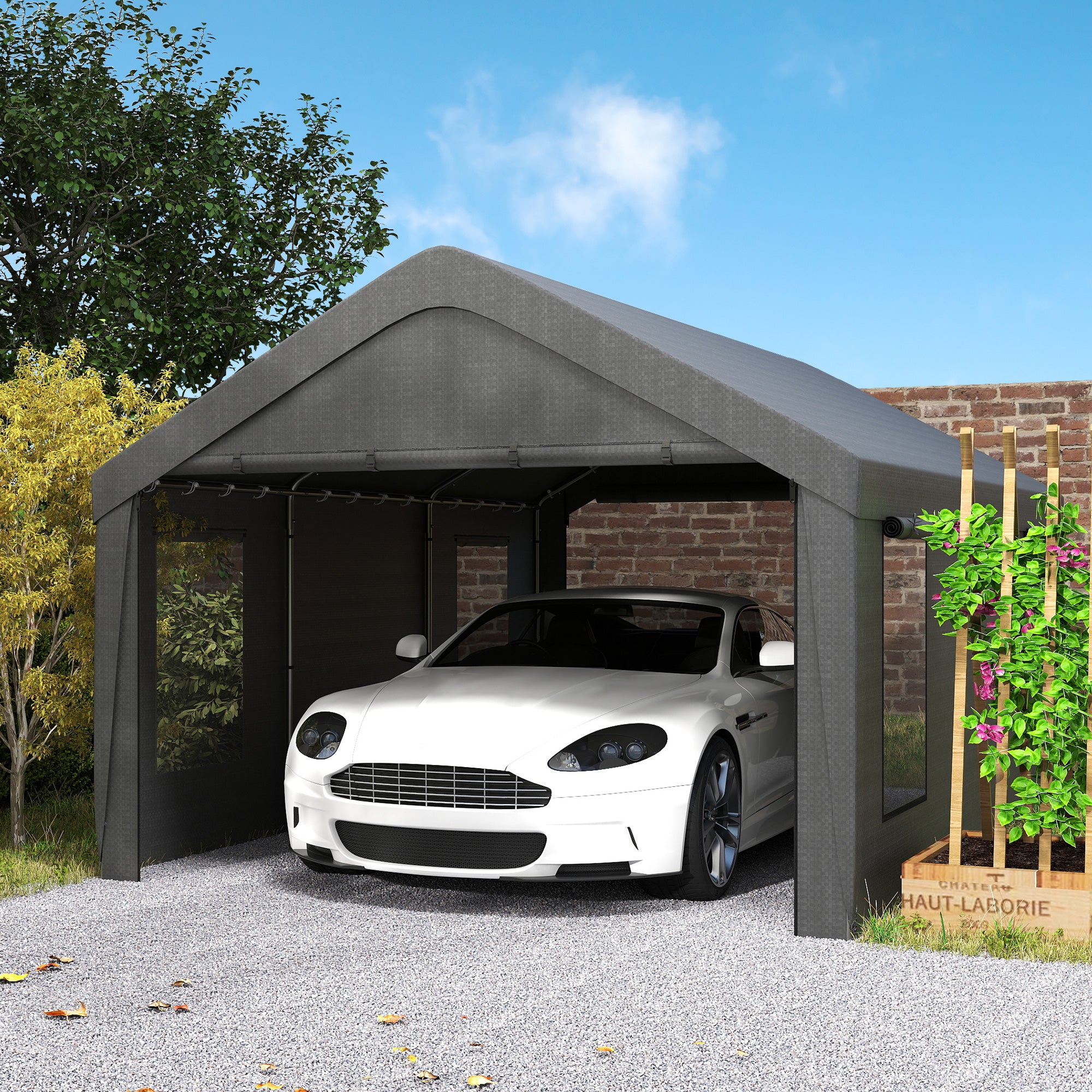 12 x 20ft Carport with 2 Roll-Up Doors, 4 Windows, Portable Garage with Removable Sidewalls for Car, Truck, Dark Grey