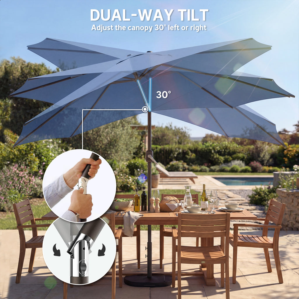 10' x 10' Round Market Umbrella with Base and Sandbag, Patio Umbrella with Crank Handle and Tilt, Blue