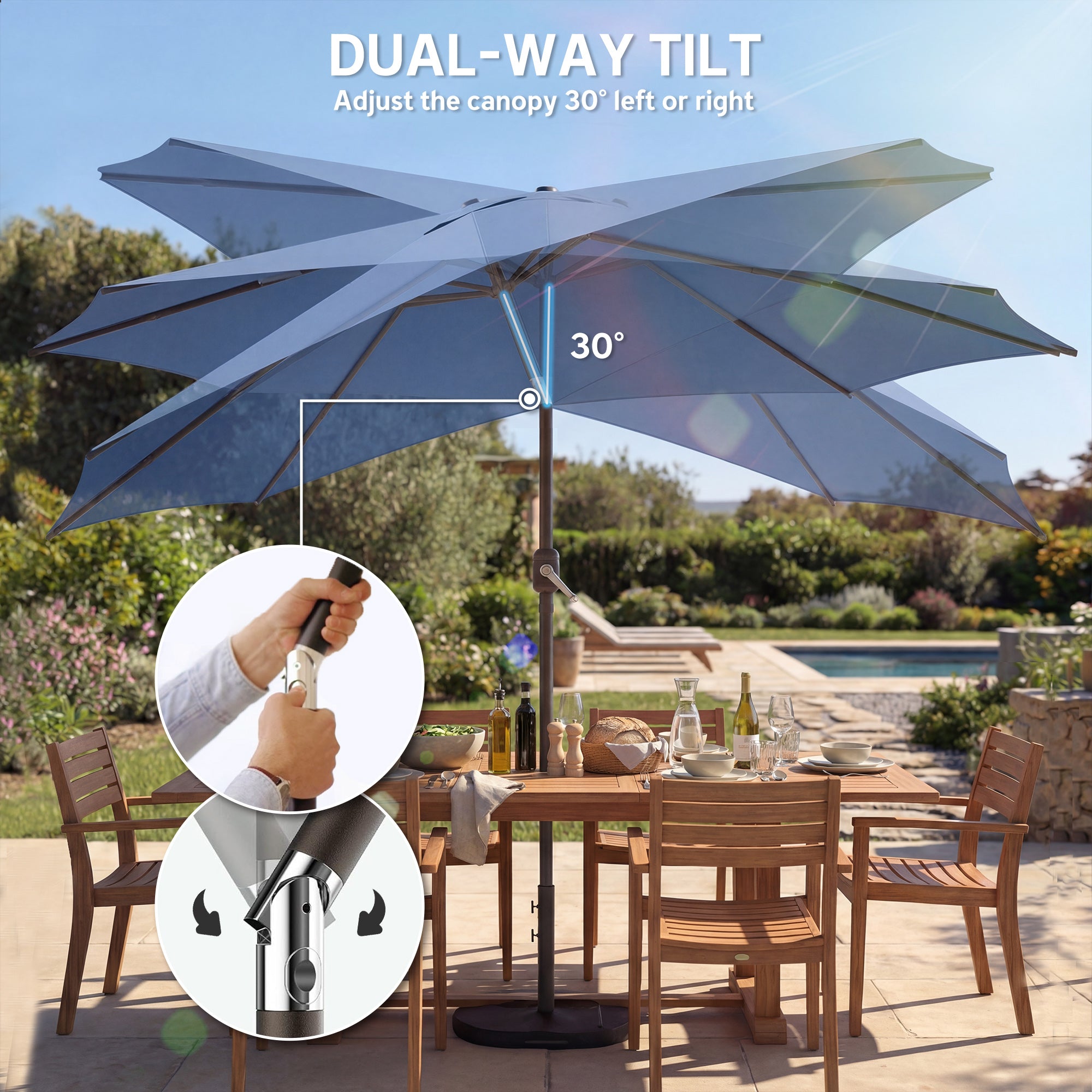 10' x 10' Round Market Umbrella with Base and Sandbag, Patio Umbrella with Crank Handle and Tilt, Blue