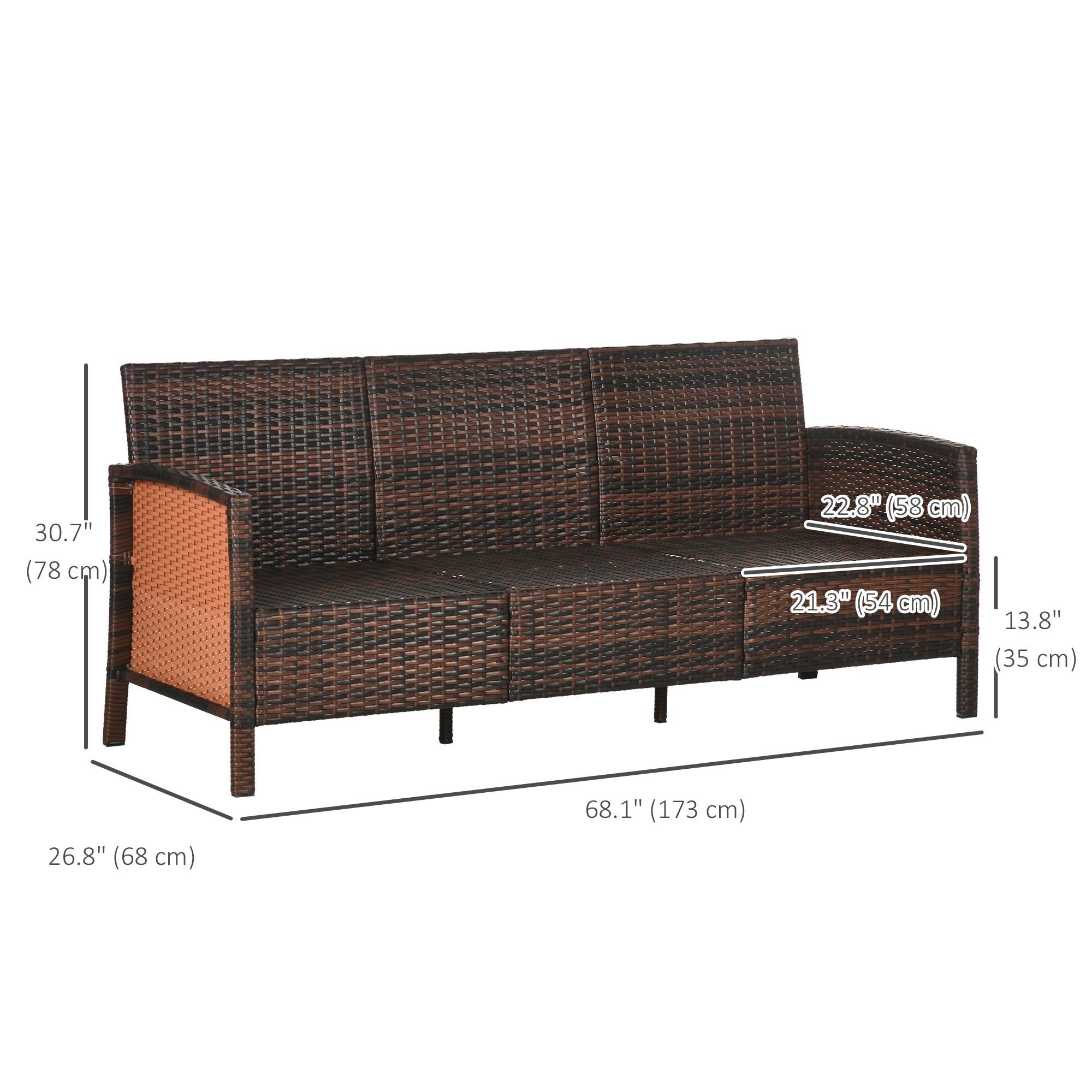 3-Seater Wicker Sofa, PE Rattan Outdoor Couch Conversation Furniture with Removable Cushions for Patio, Garden, Brown