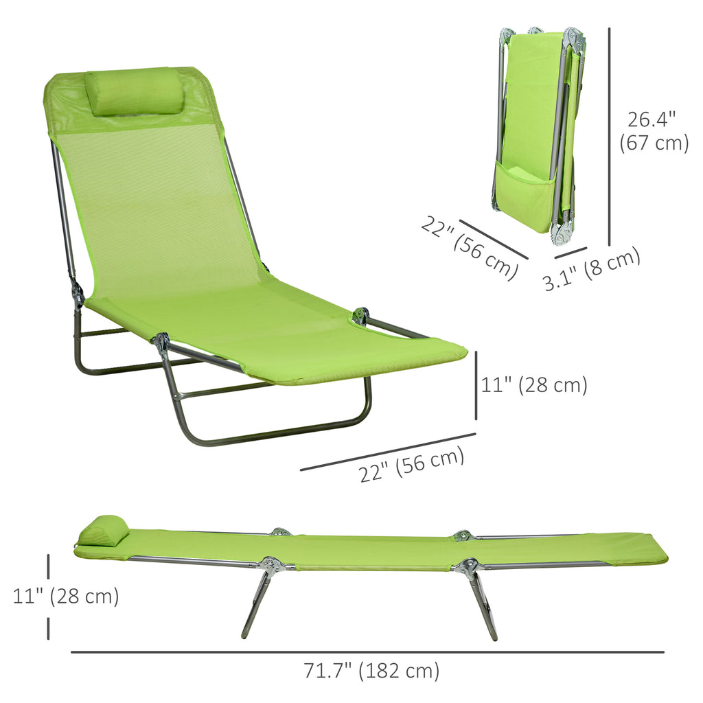 Set of 2 Folding Chaise Lounge Chairs, Outdoor Poolside Sun Tanning Chairs w/ Pillow, Reclining Backrest, Green