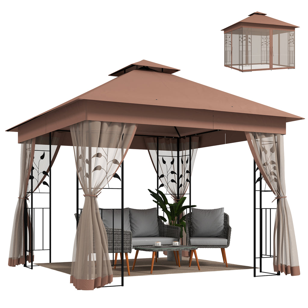 10'x10' Soft-top Patio Gazebo Outdoor Sun Shelter with 2-Tier Polyester Roof, Curtain Sidewalls, Dark Brown